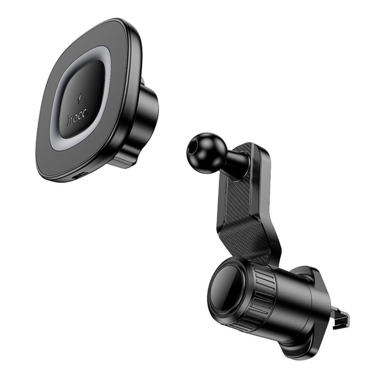 Twee zwarte onderdelen voor de telefoonhouder in de auto. Eén is een magnetische basis, de andere een kogelgewricht.