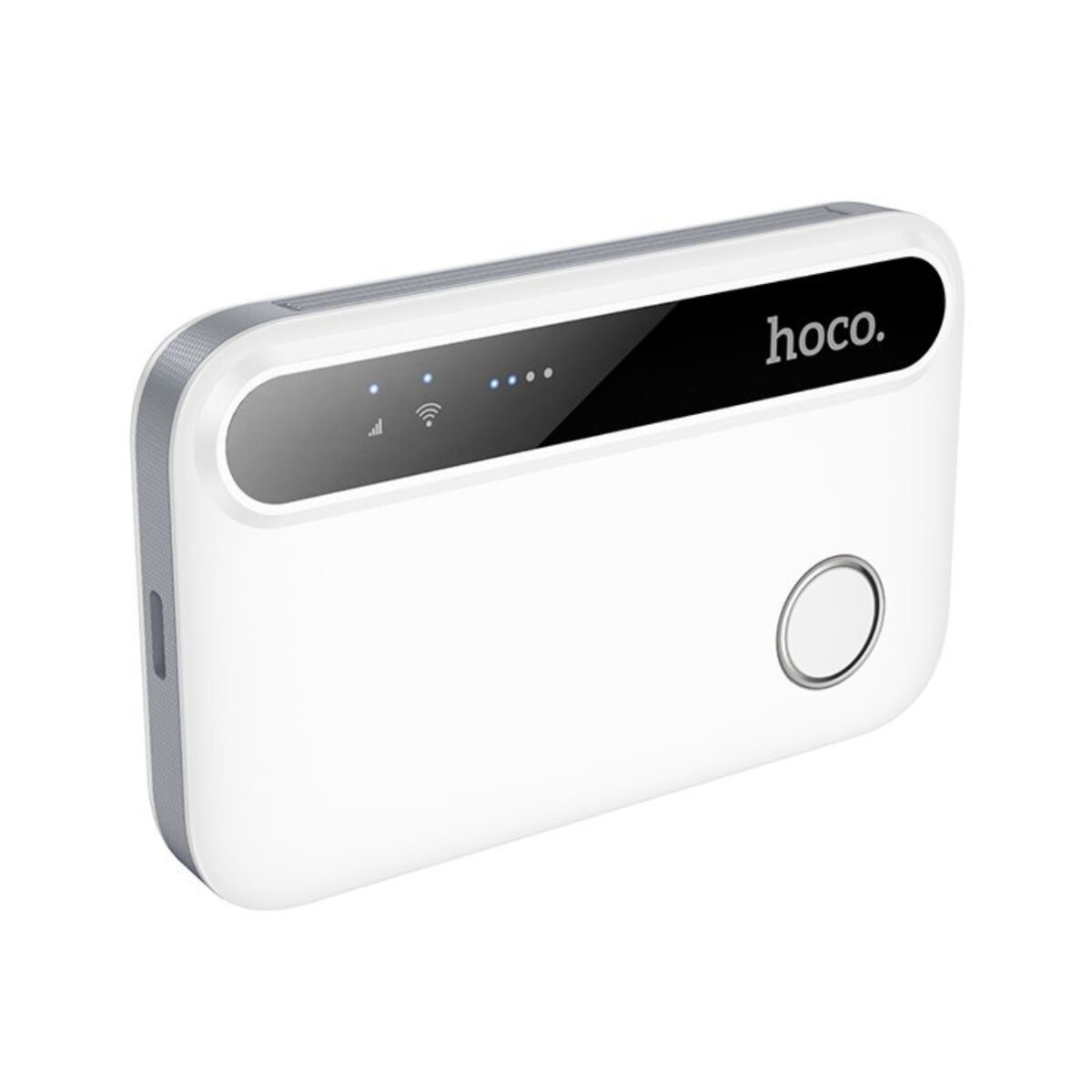 Router portatile bianco e grigio, con luci LED. Sfondo bianco.