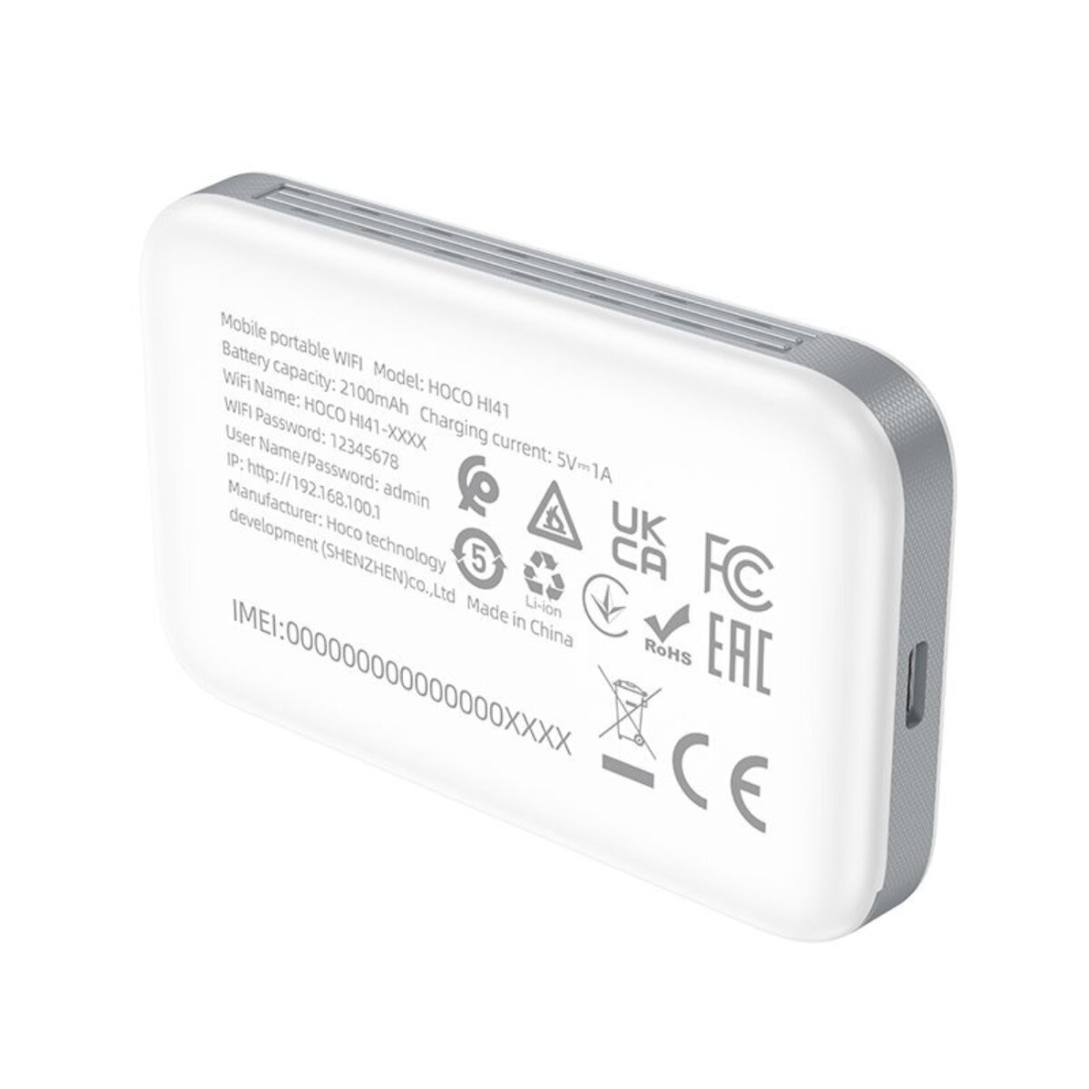Il retro di un dispositivo bianco e argento con testo e simboli. Ha una porta di ricarica e marchi di regolamentazione.