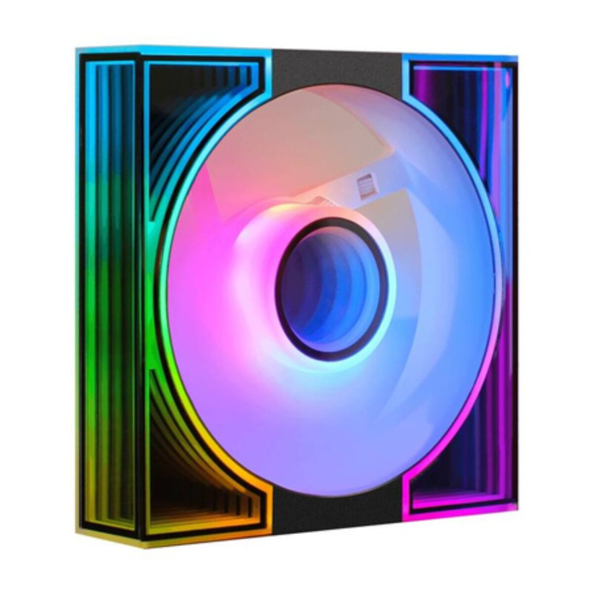 Ein Computerlüfter mit schwarzem Rahmen und Blättern, die einen Regenbogen-Farbverlauf zeigen. Es gibt ein kreisförmiges Zentrum.