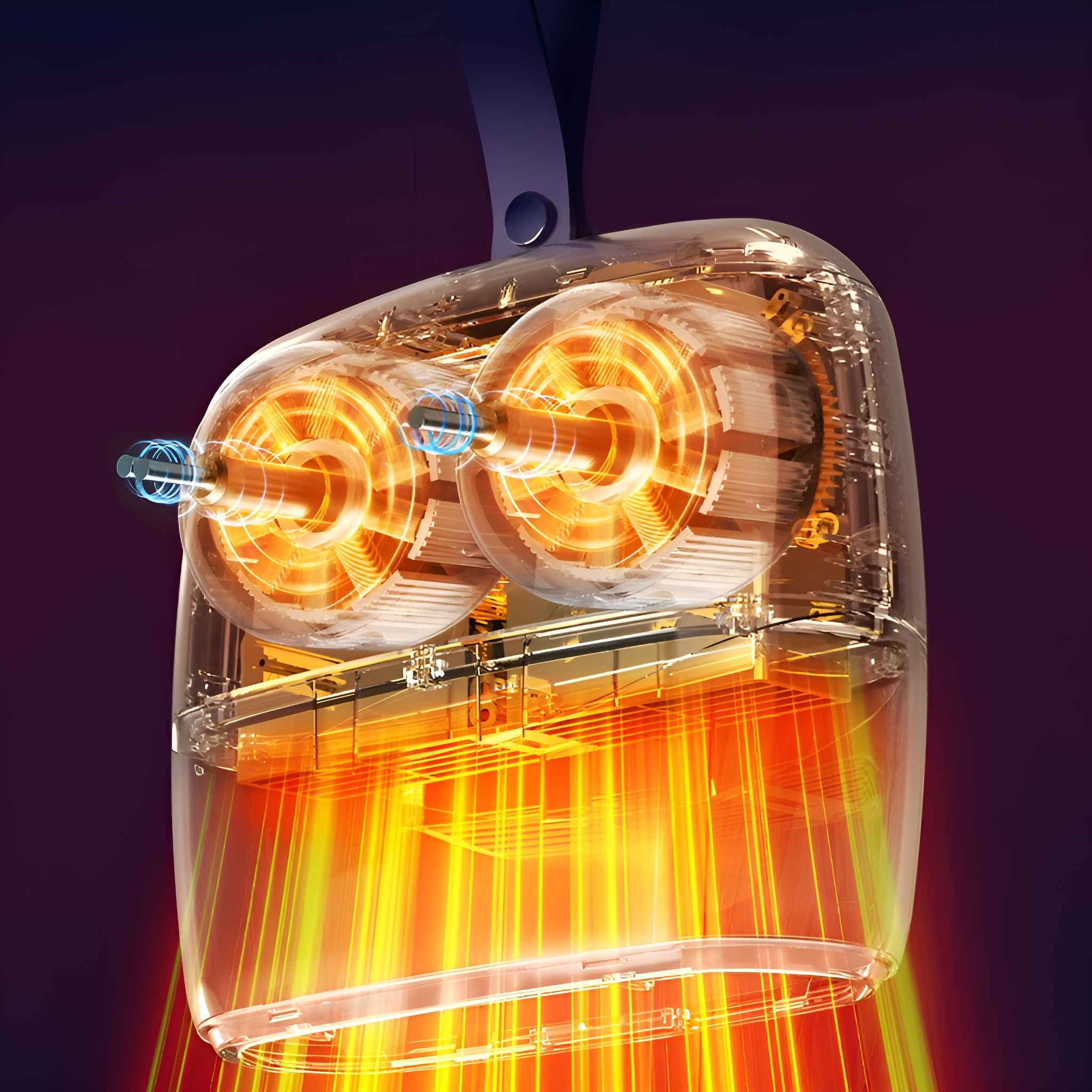 Ein transparentes Gerät mit rotierenden orangefarbenen Elementen, das orangefarbenes Licht aussendet, hängt vor einem dunkelvioletten Hintergrund.