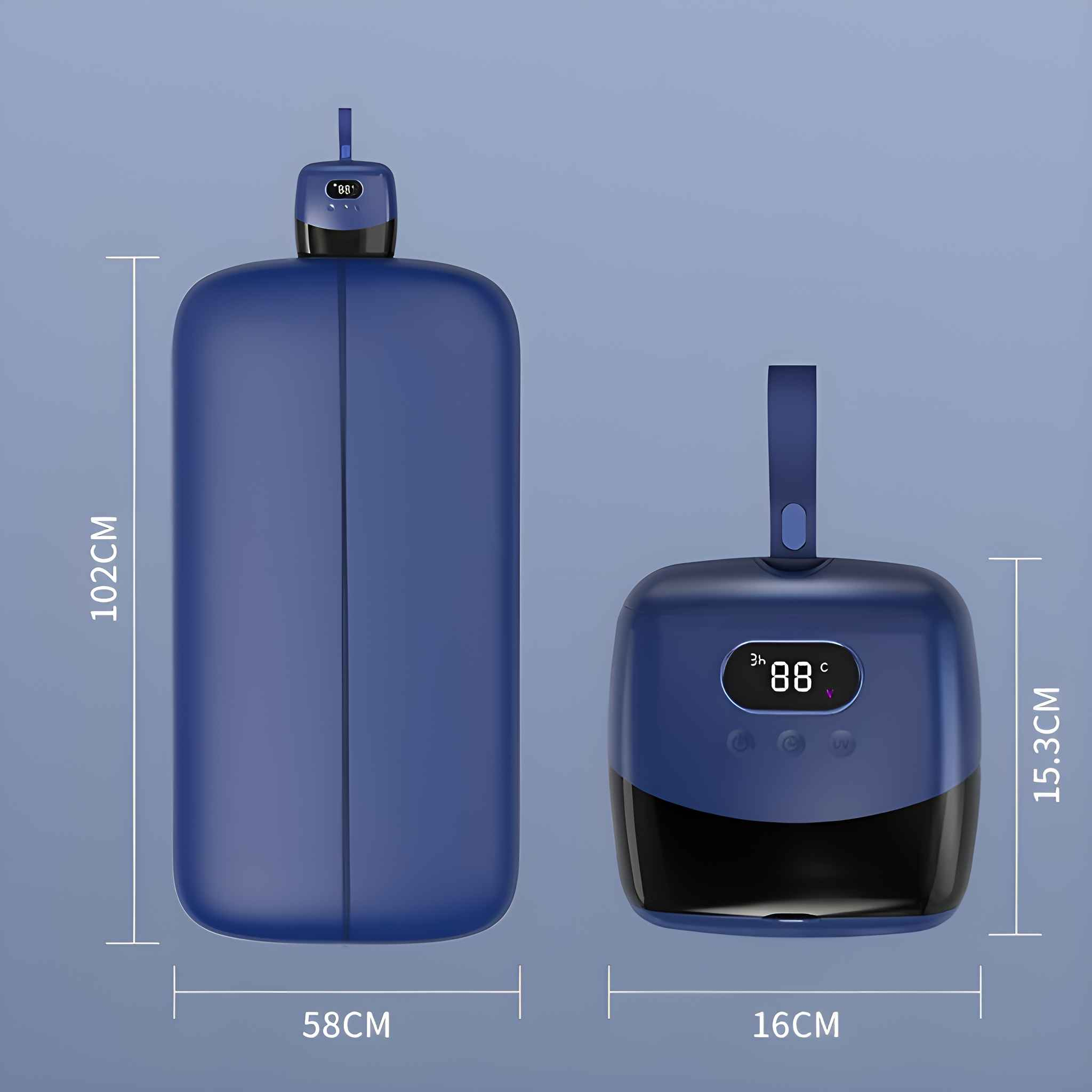 Ein blaues Gerät mit Digitalanzeige 88 Grad Celsius. Es hat eine schwarze Basis und wird gemessen.
