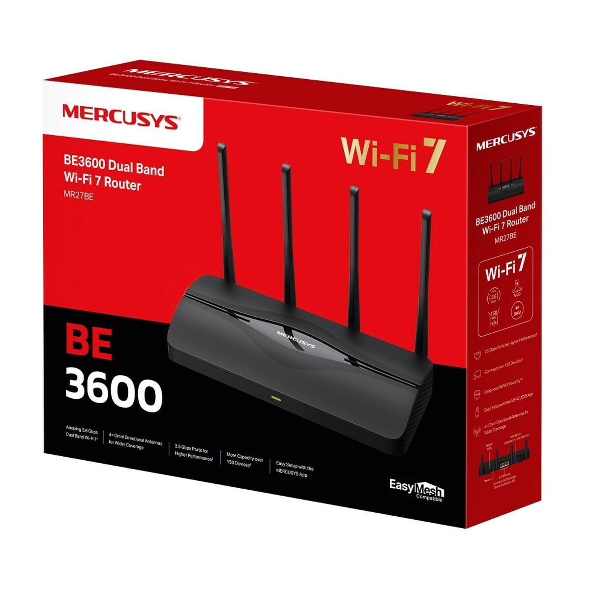 Eine rote Schachtel mit einem schwarzen Router mit Antennen. Auf der Schachtel steht 'BE3600 Dual Band Wi-Fi 7 Router'.