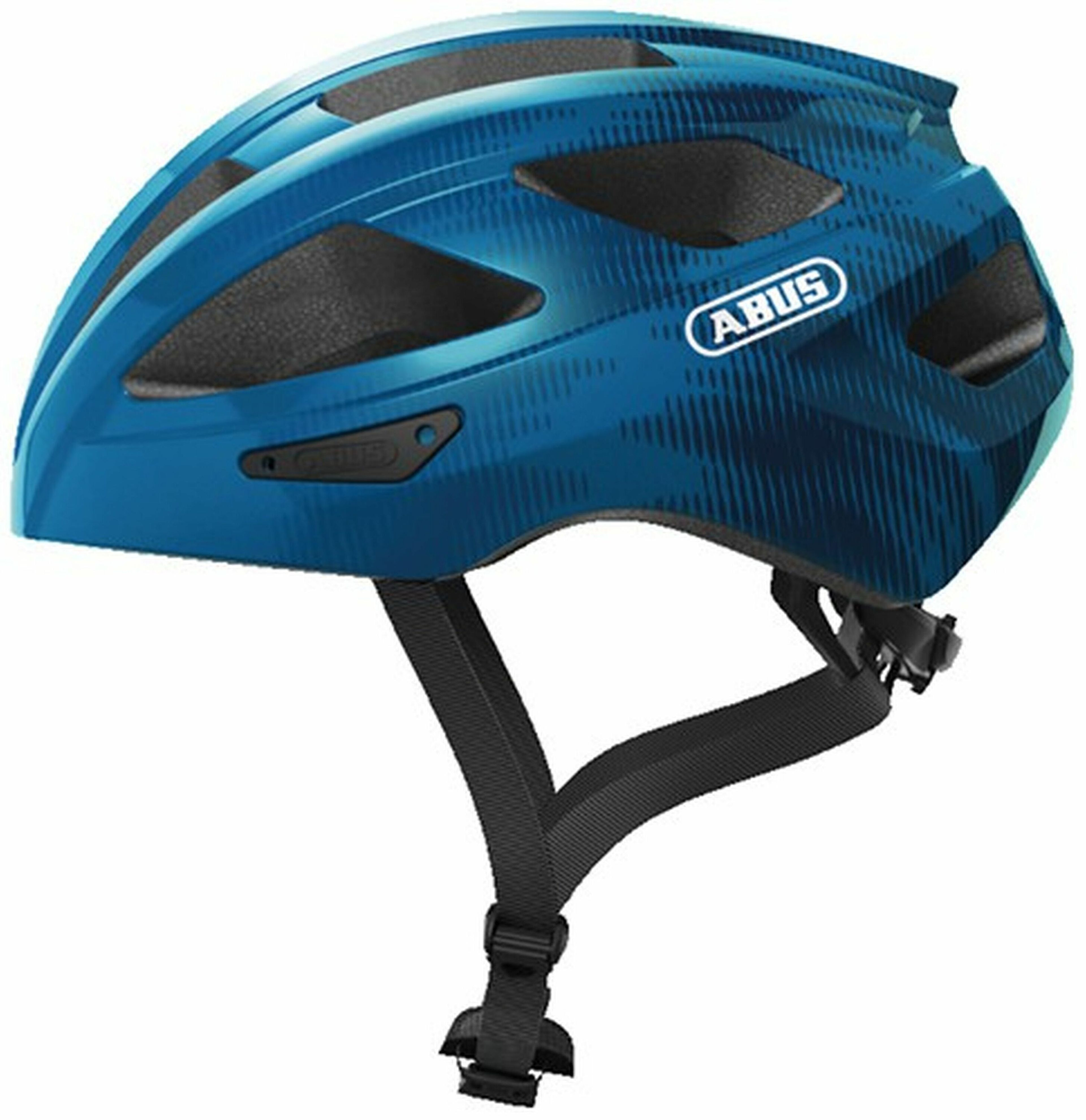Ein blauer Fahrradhelm mit schwarzem Riemen und dem Wort 'ABUS' in Weiß.