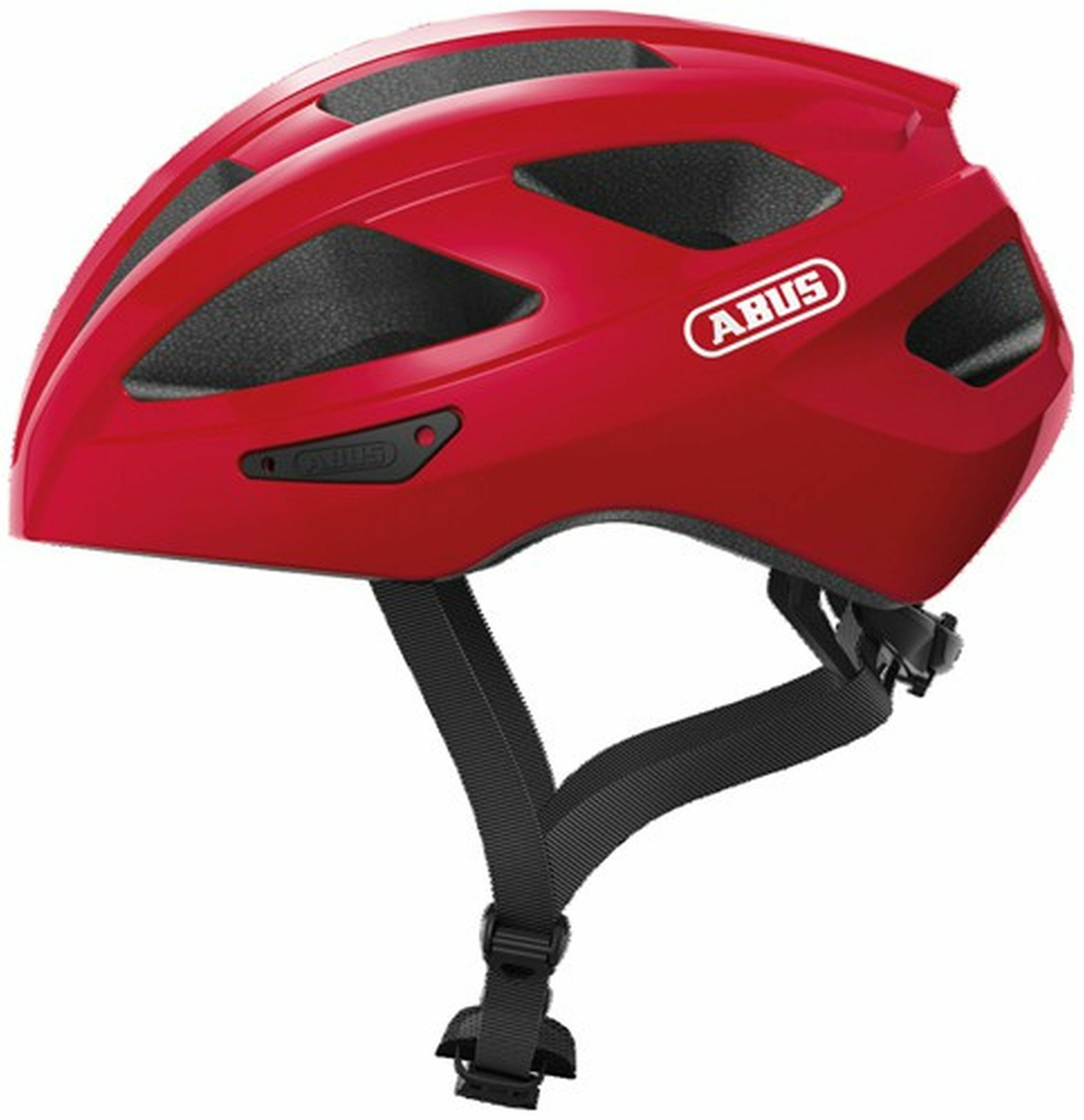 Ein roter Fahrradhelm mit Belüftungslöchern und der Marke "ABUS" an der Seite. Schwarze Riemen und Schnallen.