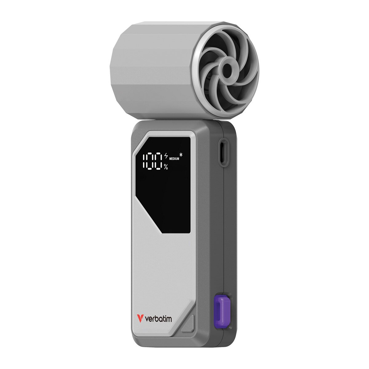 Ein grauer tragbarer Ventilator mit Digitalanzeige, die 100% und das Wort 'MEDIUM' zeigt. Auf der Seite befindet sich eine lila Taste.