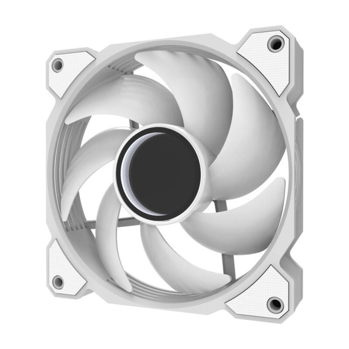 Een witte ventilator met gebogen bladen, een vierkant frame en montagegaten. De bladen zijn wit en ondoorzichtig.