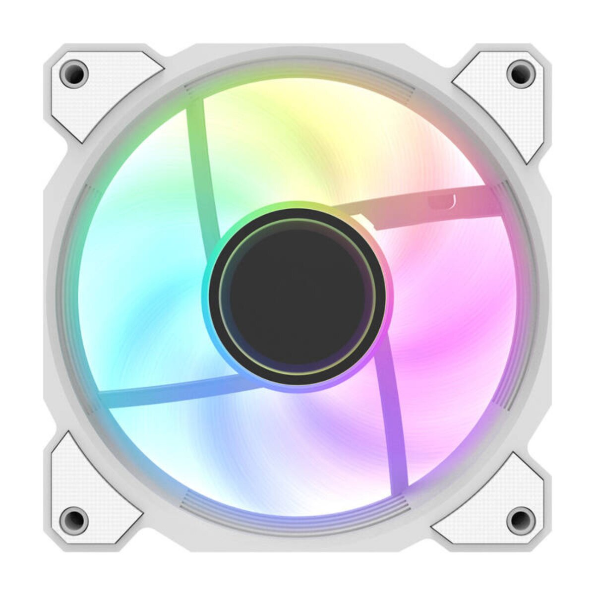 Een witte ventilator met een regenboogcentrum en een wit frame, vierkant met montagegaten. De bladen zijn niet zichtbaar.