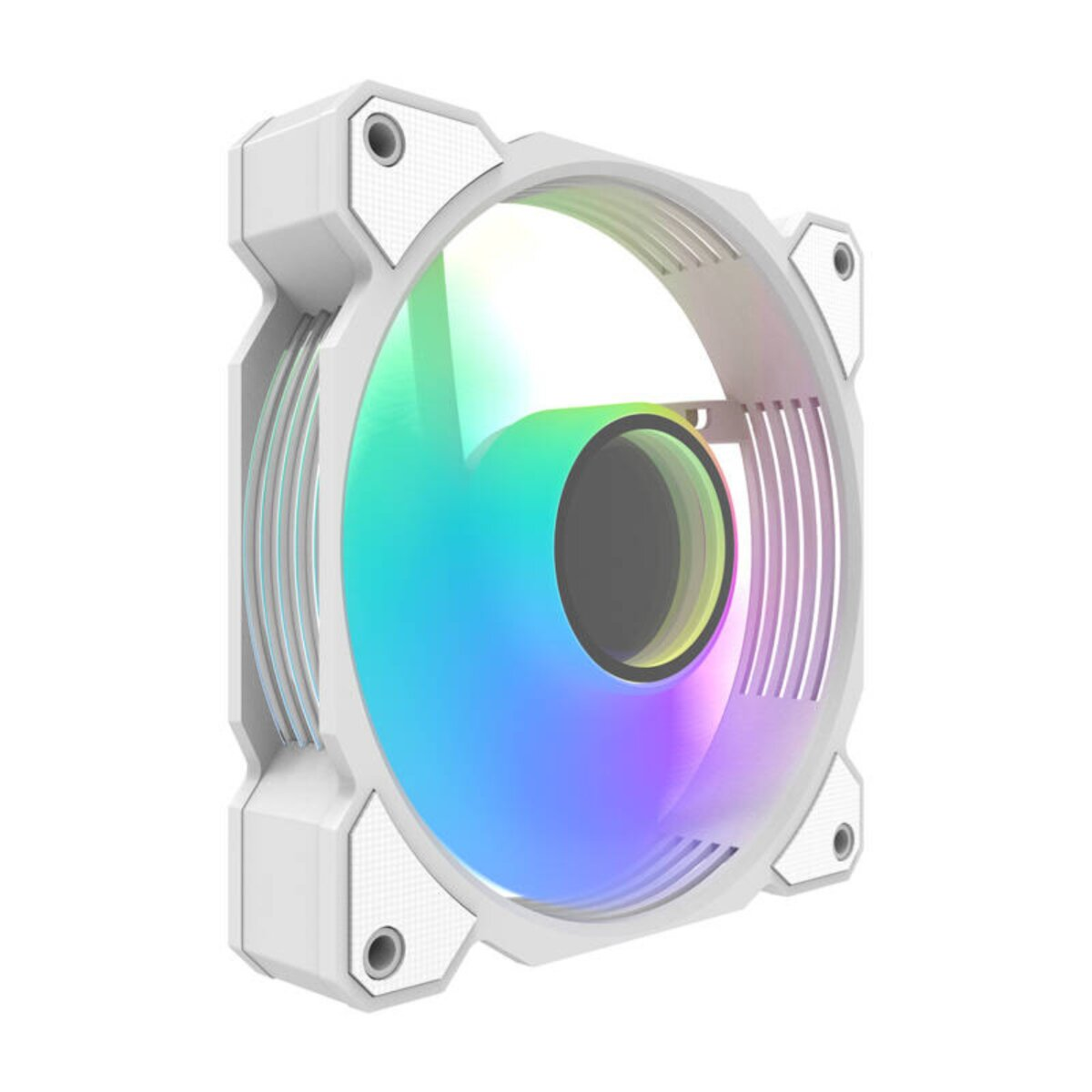 Een witte pc-ventilator met een regenboogkleurig middengedeelte. Het frame heeft een vierkante vorm.