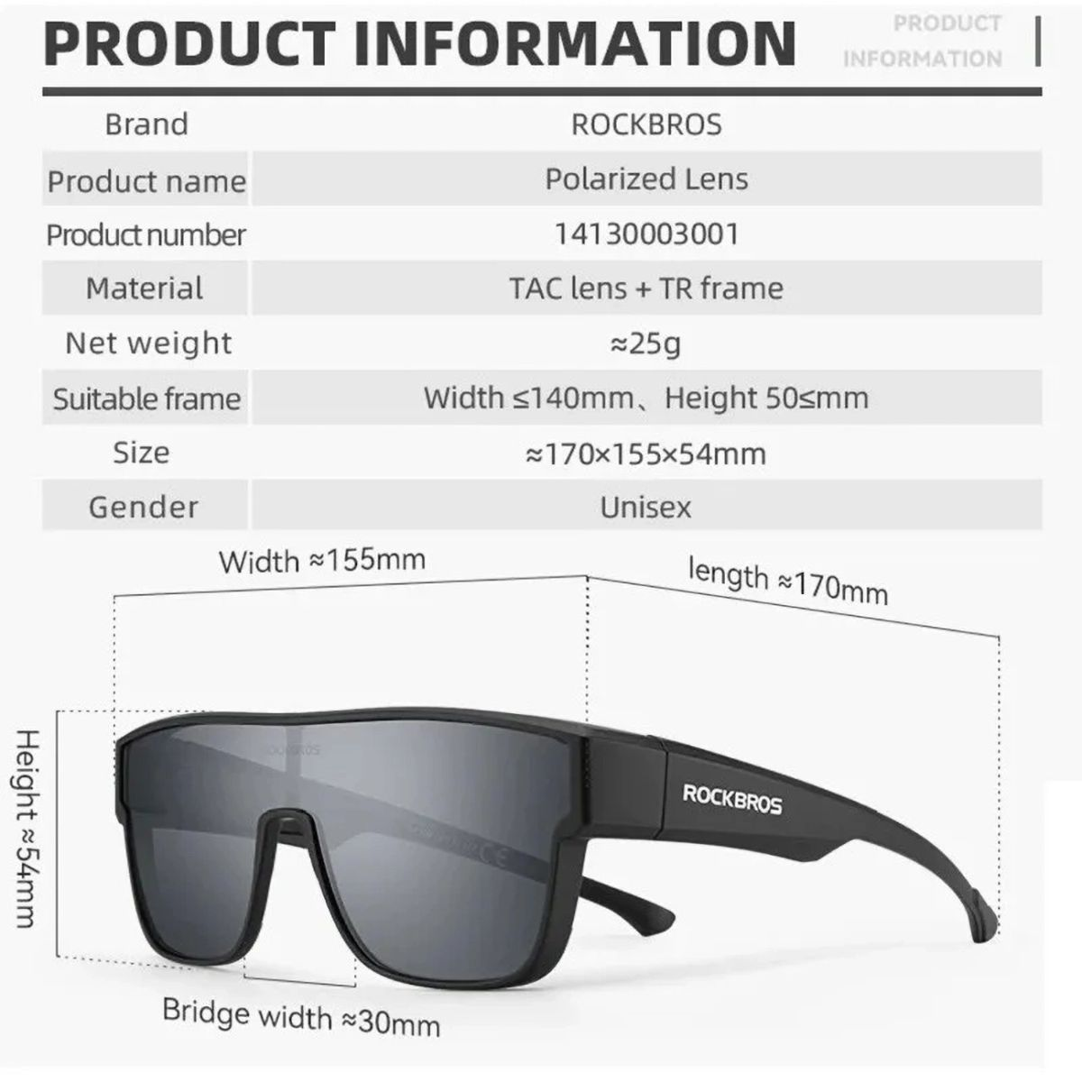 Produkttabelle mit Marke, Produktname, Material, Nettogewicht und Größe der Sonnenbrille.