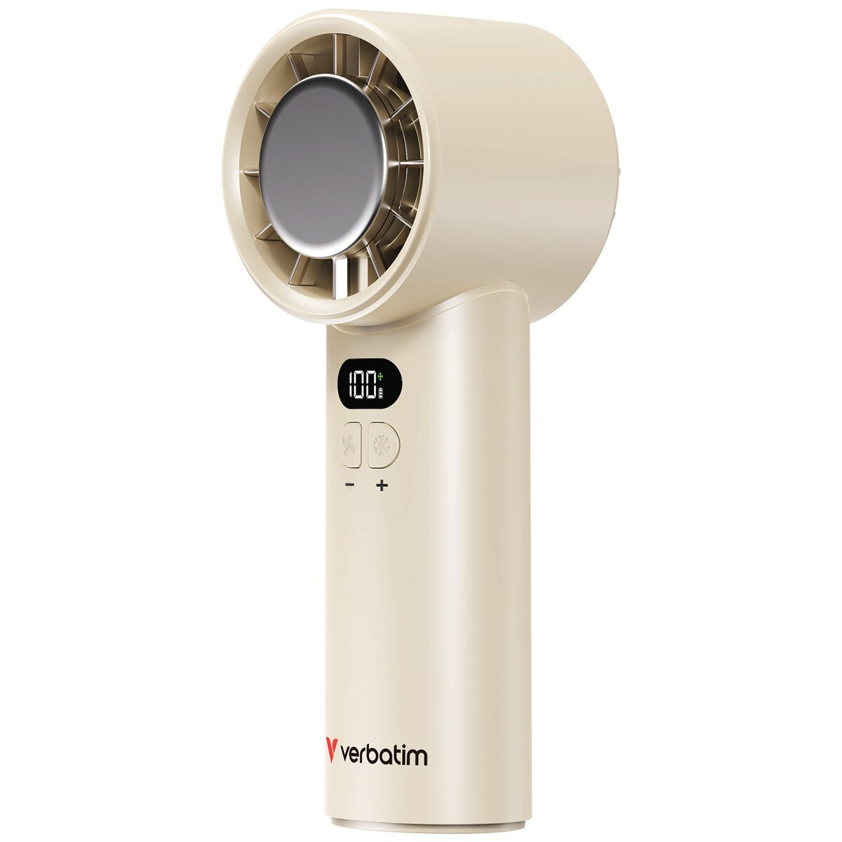 Un ventilatore portatile beige con un display digitale che mostra '100' e il logo Verbatim in basso.