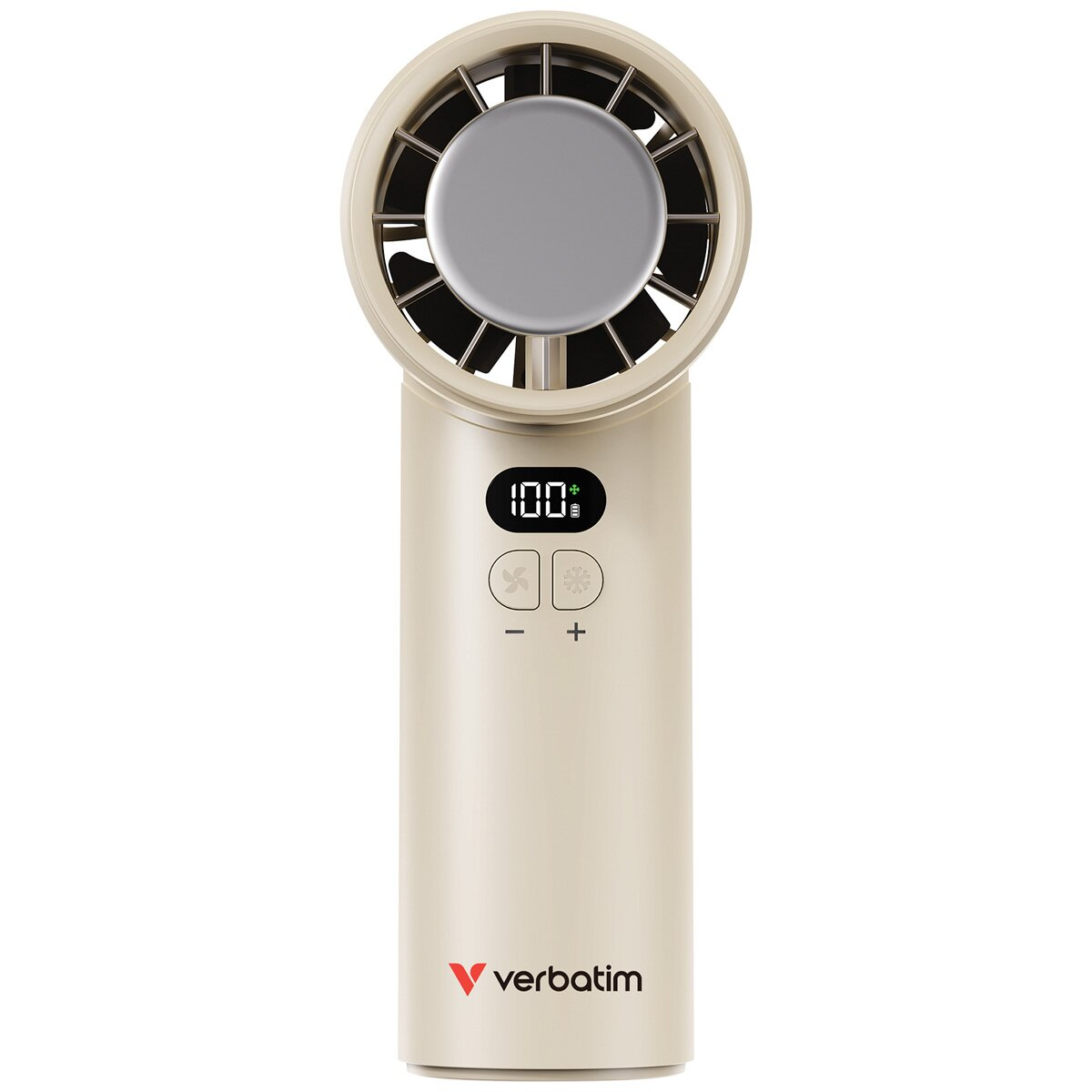 Ventilatore portatile beige con display digitale (100%) e pulsanti. Marchio 'verbatim'.