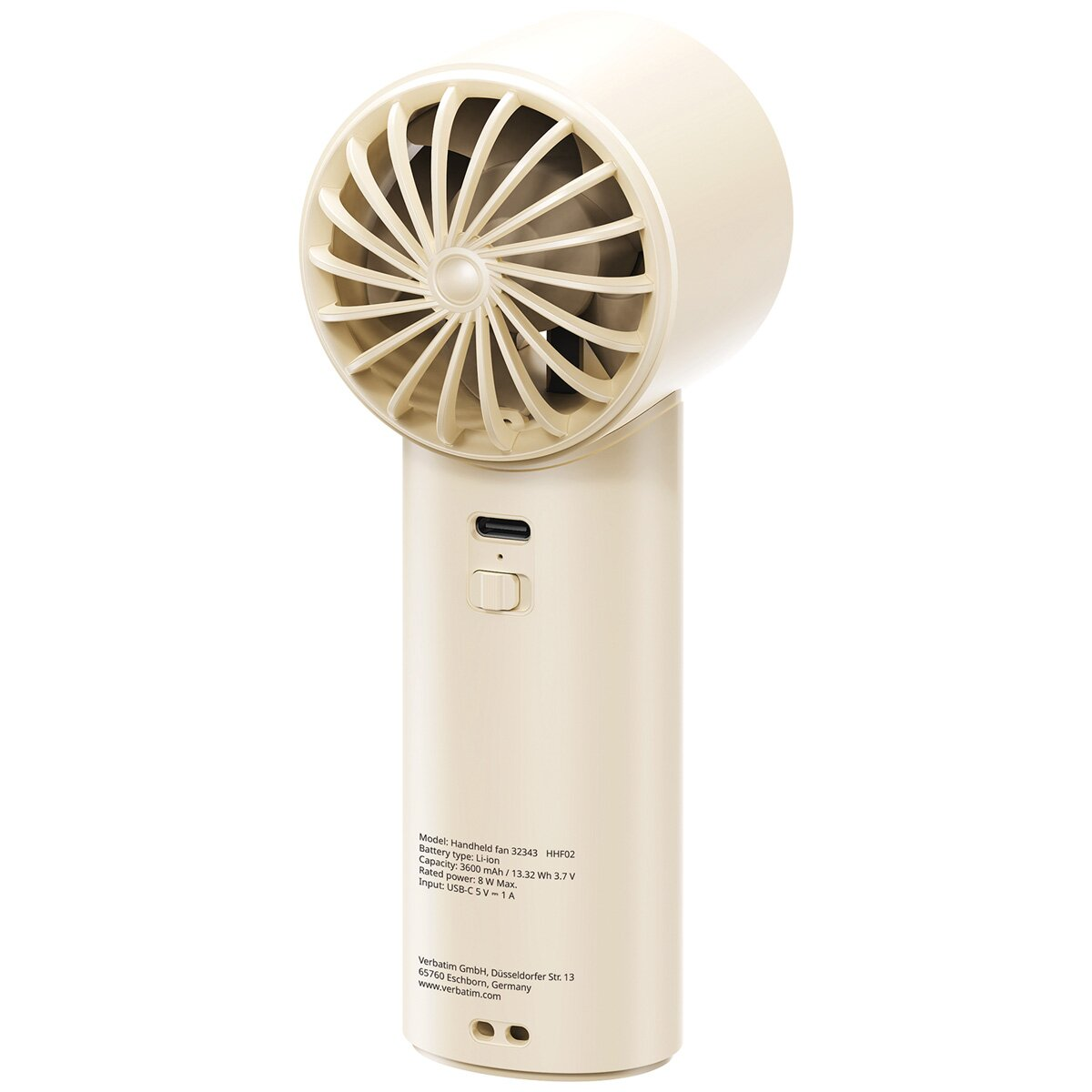 Un ventilatore portatile beige con una griglia della ventola, una porta USB-C e informazioni sul prodotto sul retro.