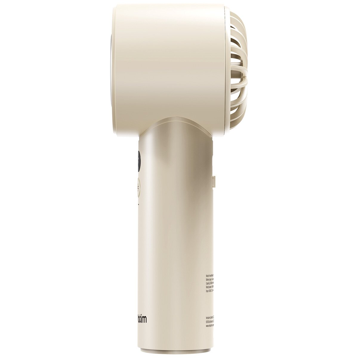 Ventilatore portatile, color crema. Ha un corpo cilindrico e una testa a ventola con griglia.