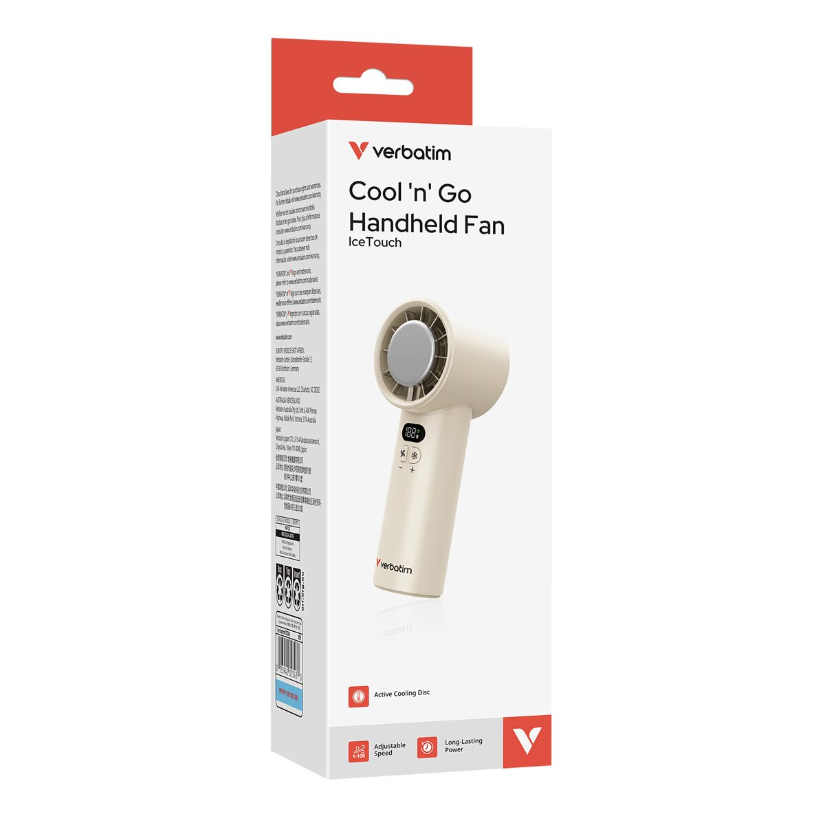 Ventilatore portatile in scatola. La scatola ha uno sfondo bianco e include testo e immagine del prodotto.