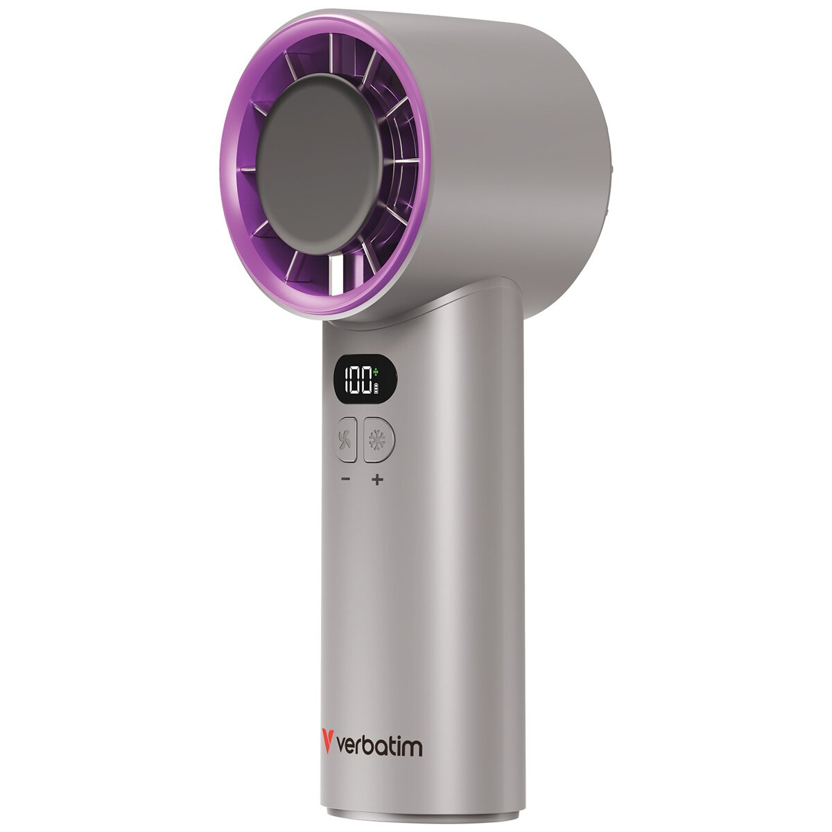 Ventilatore portatile grigio con anello viola illuminato e display digitale (100%). Marchio 'verbatim'.