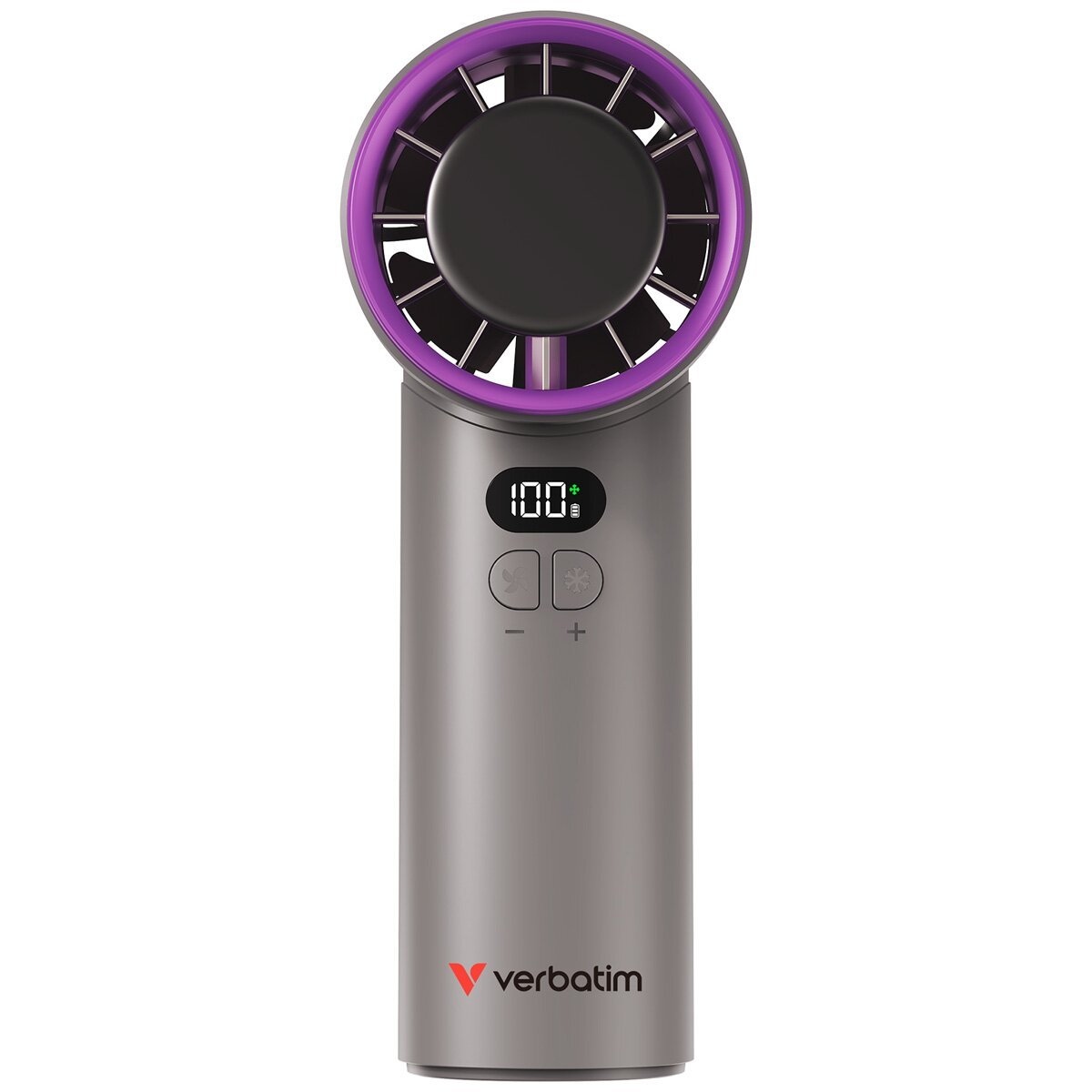 Ventilatore portatile grigio con anello viola illuminato e display digitale (100%). Marchio 'verbatim'.