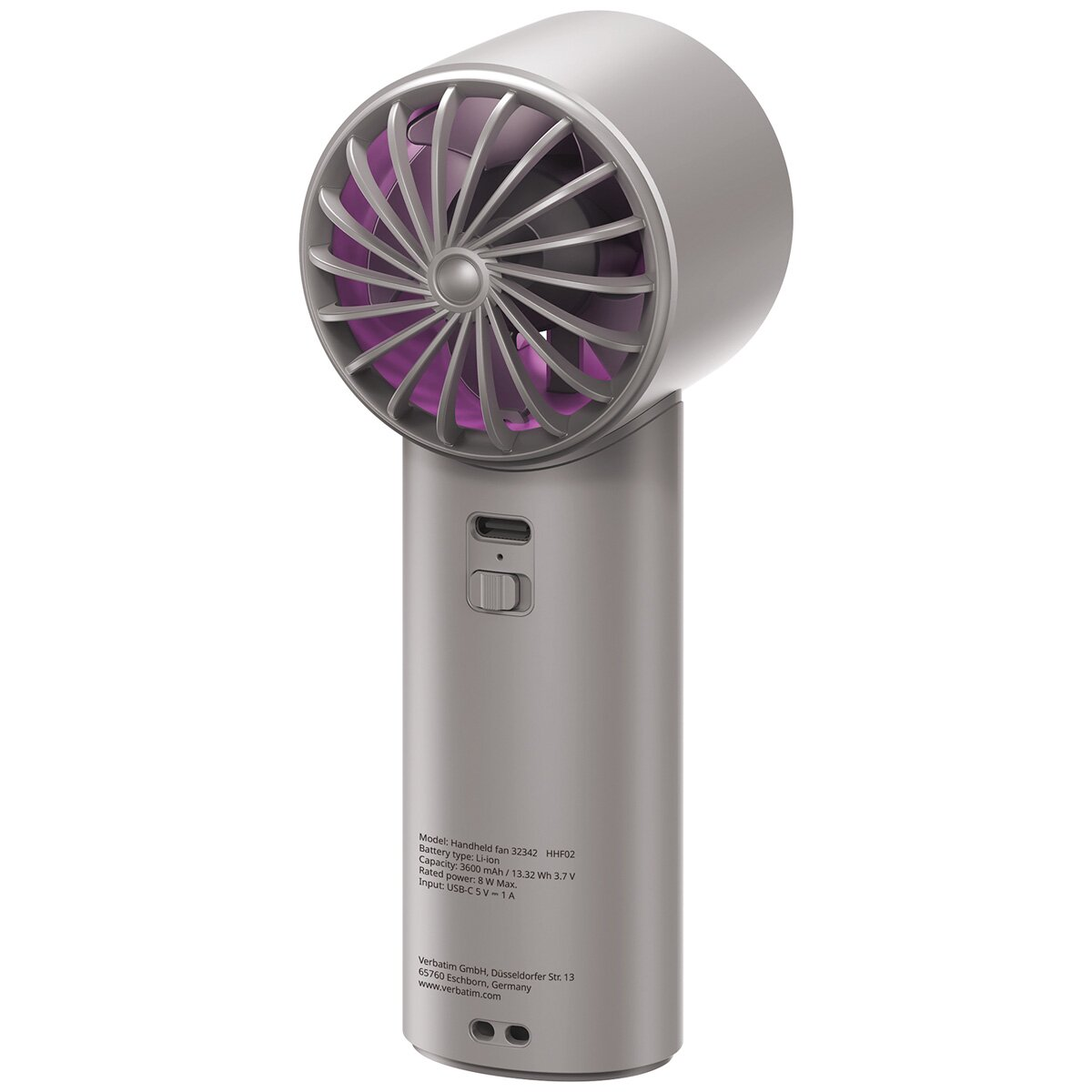 Ventilatore portatile con corpo argentato e pale viola. Ha un pulsante di accensione.