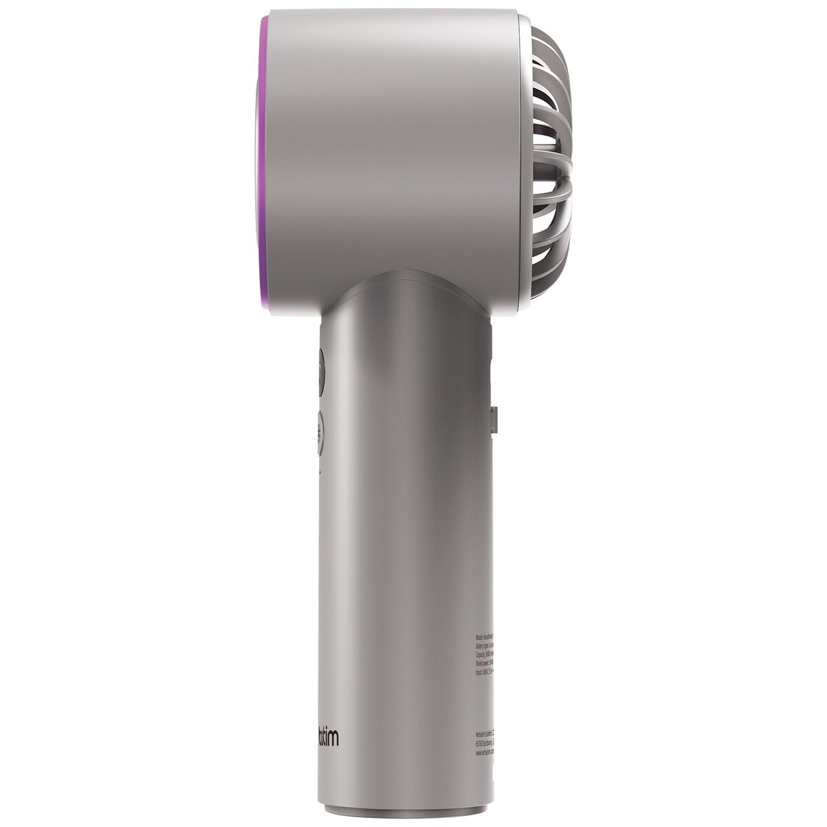 Vista laterale di un ventilatore portatile grigio. Anello viola in alto. Logo 'verbatim'.