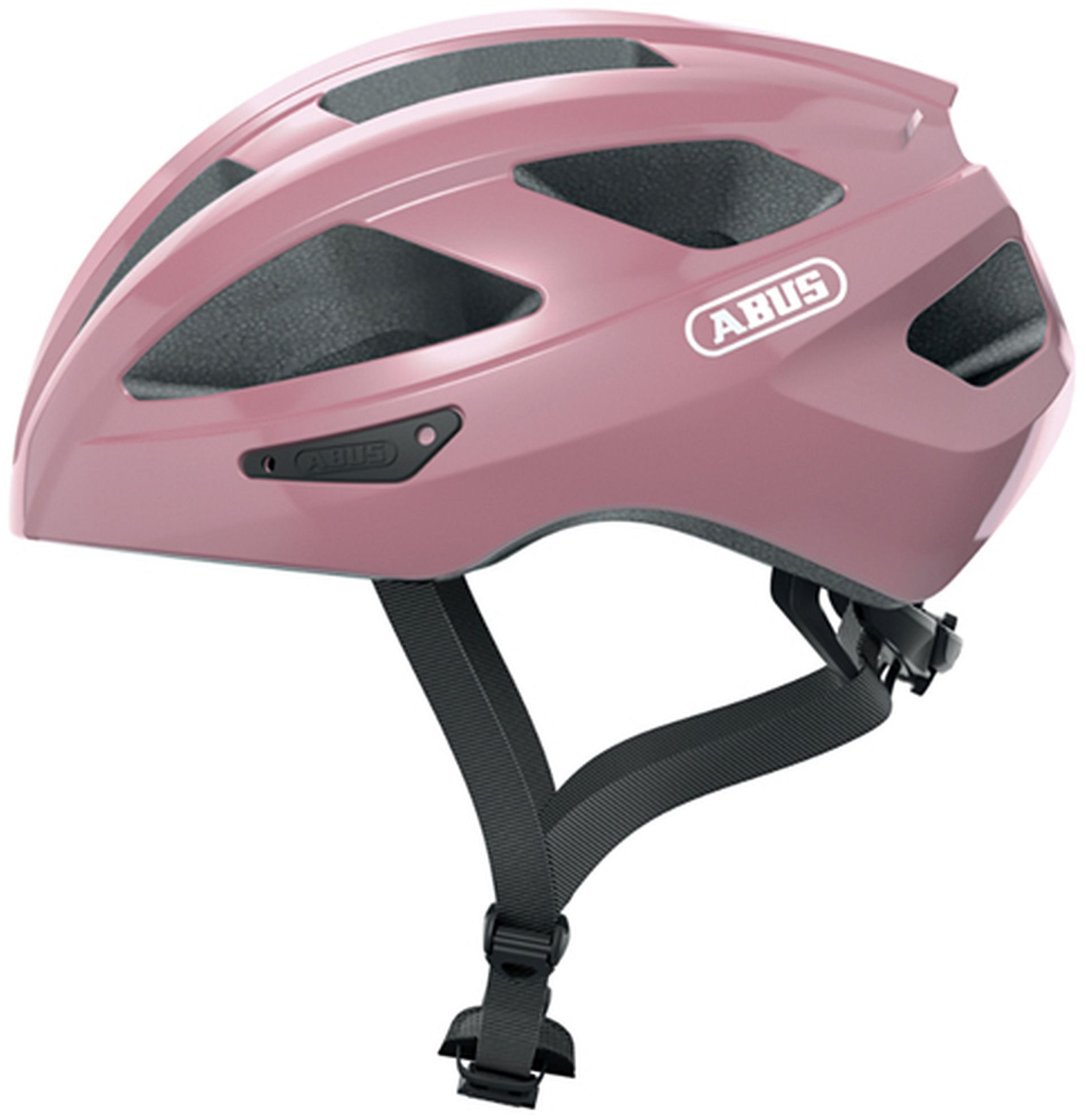 Rosa Fahrradhelm mit 'ABUS'-Logo und schwarzen Riemen. Der Helm hat eine glatte Oberfläche.