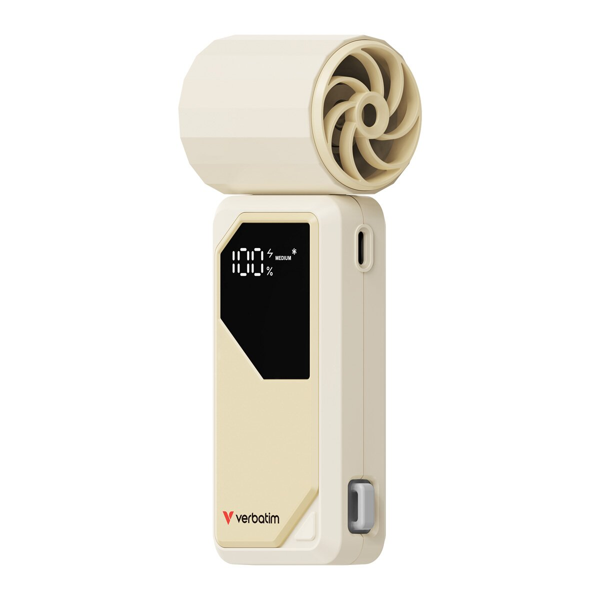 Tragbarer Ventilator mit Digitalanzeige, beige, auf weißem Hintergrund.