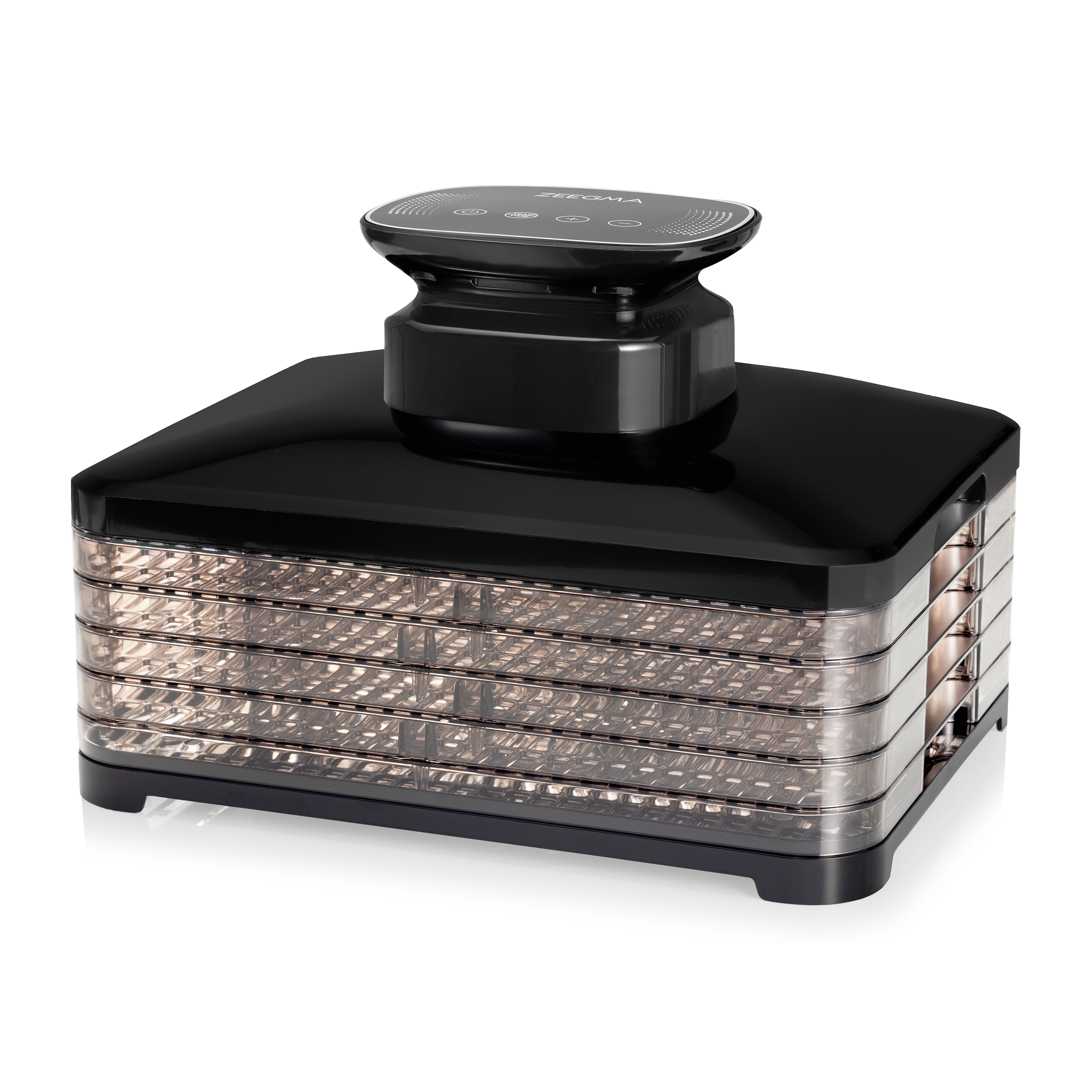 Czarny dehydrator żywności z wieloma tacami, czarną górą i panelem sterowania. Białe tło.