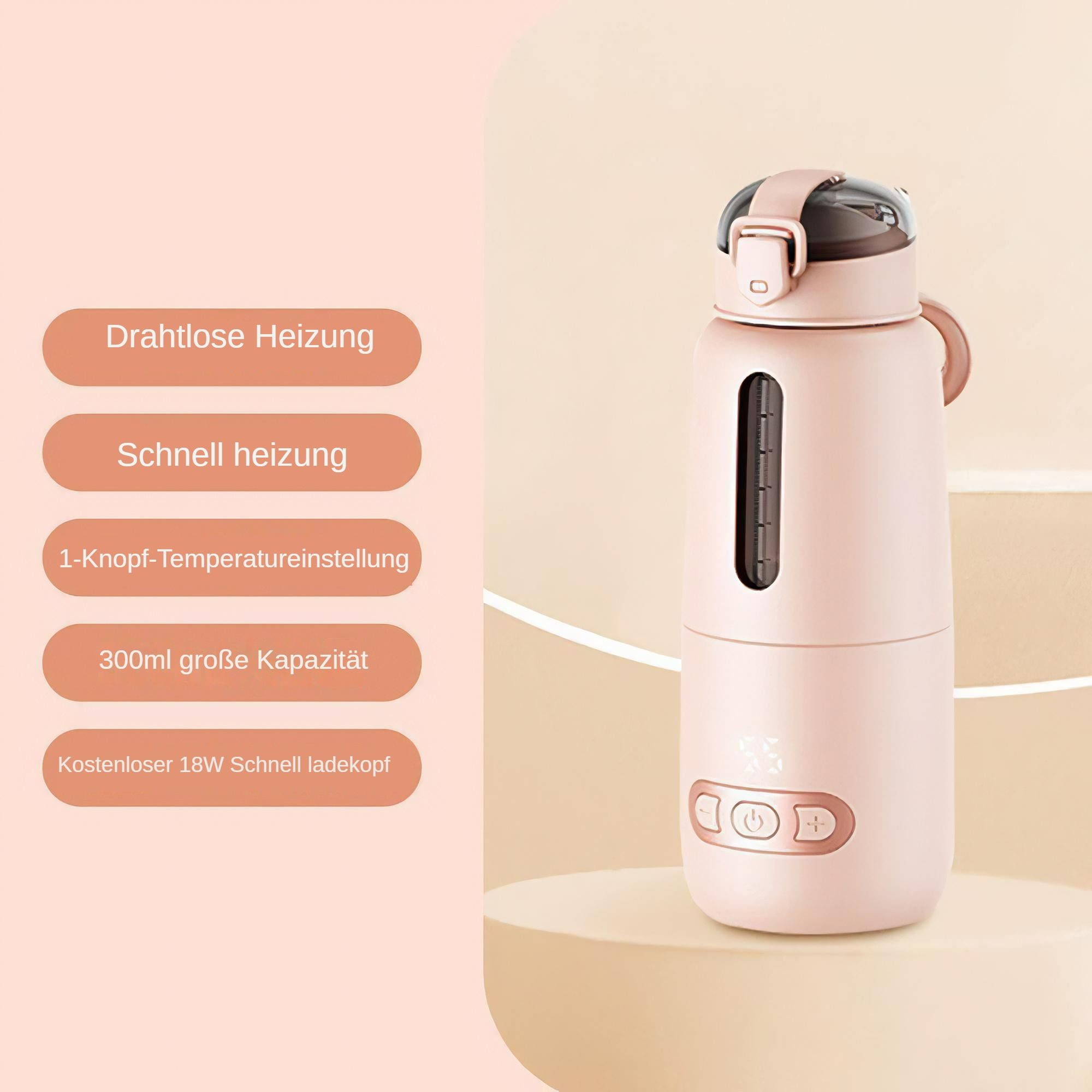 Eine rosa Wasserflasche mit mehreren Informationsetiketten. Es hat ein Display und Knöpfe.