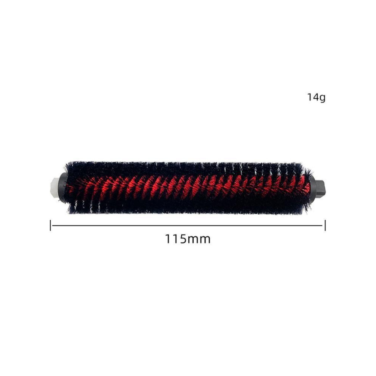 Una spazzola per aspirapolvere con setole rosse e nere. È lunga 115 mm e pesa 14 g.