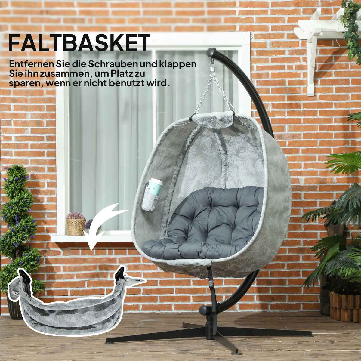 Ein hängender Eiersessel mit grauem Kissen. Ein zusammengeklappter Stuhl ist unten abgebildet.