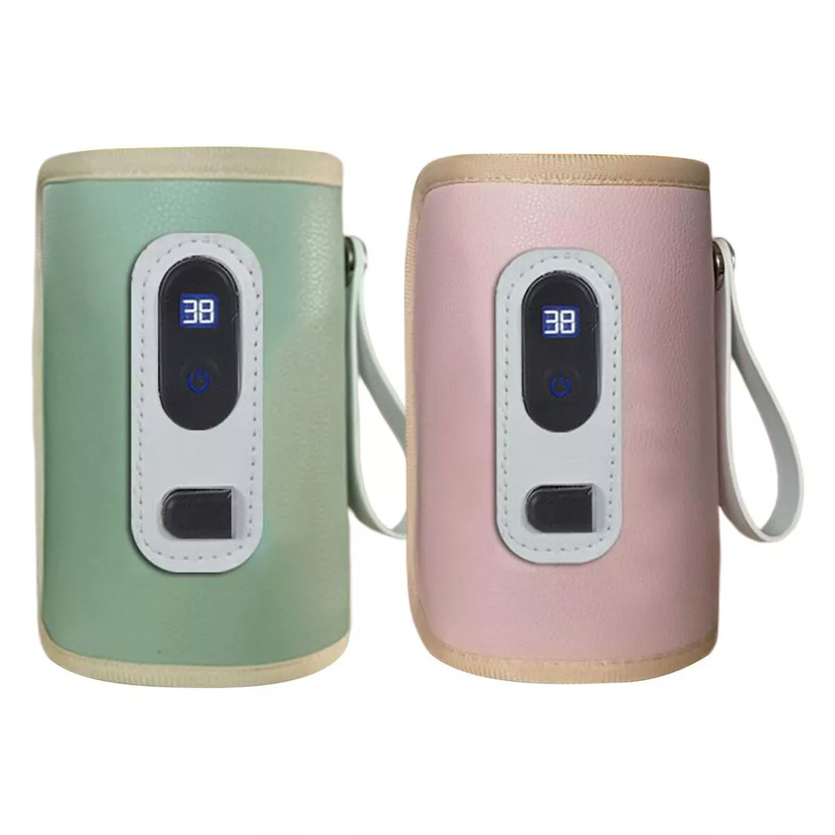 Zwei Babyflaschenwärmer, grün und rosa. Jeder hat eine Digitalanzeige und einen Griff.