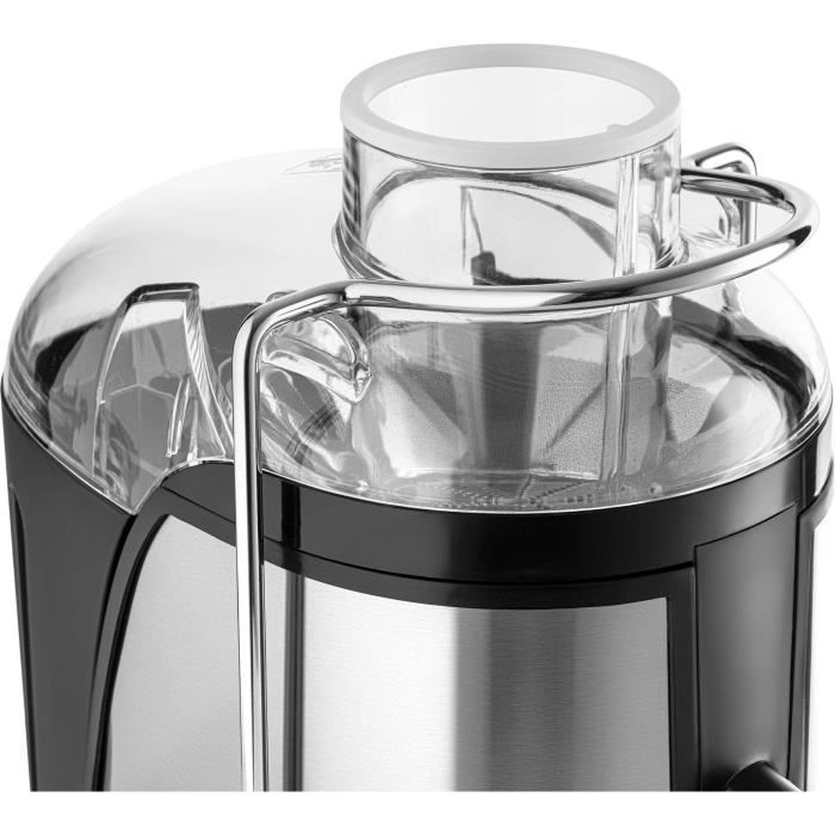 Primo piano dell'estrattore di succo. Parte superiore in plastica trasparente, corpo in acciaio inox e base nera. Maniglia in metallo.