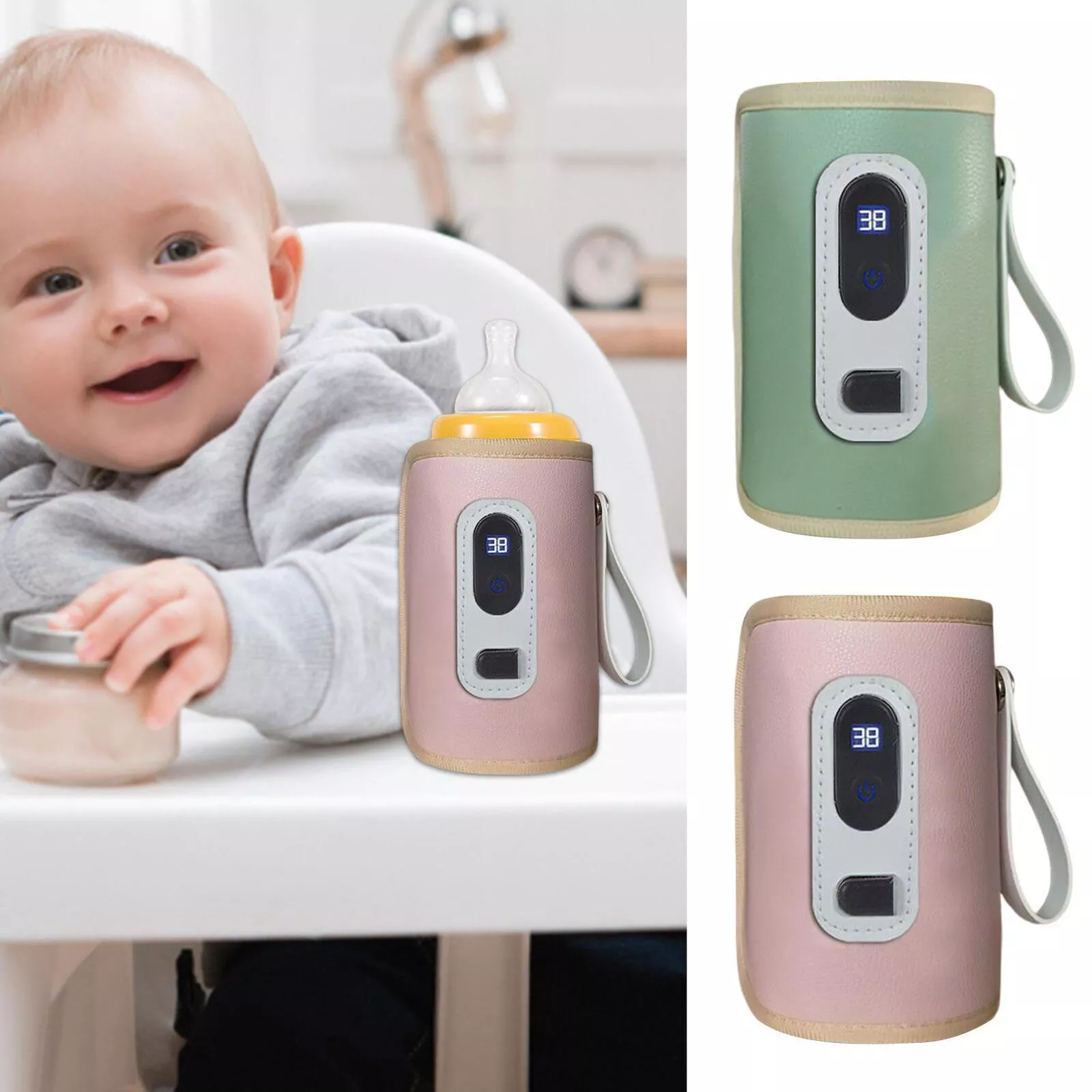 Ein Baby im Hochstuhl mit einem Babyflaschenwärmer auf dem Tisch. Andere Wärmer im Hintergrund.