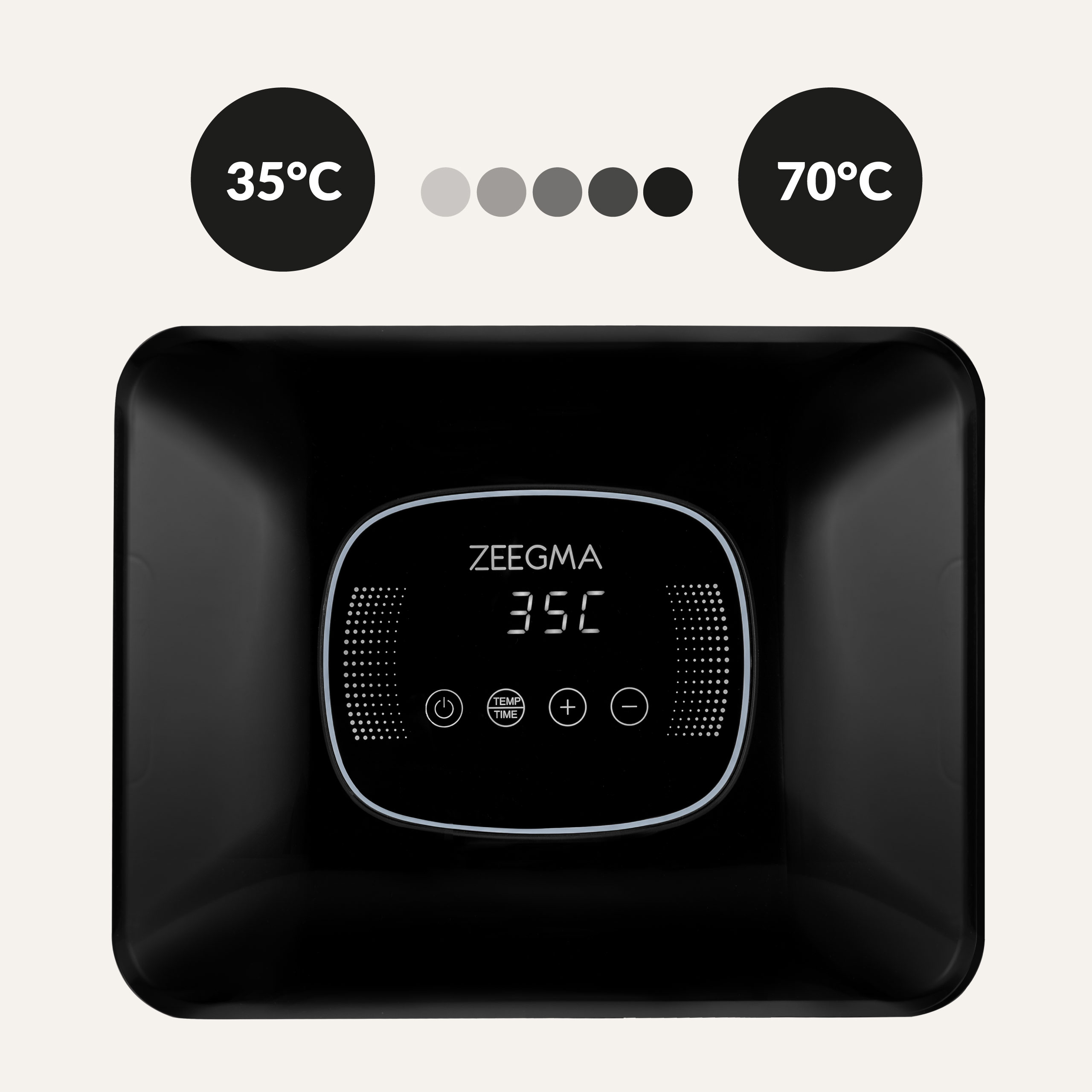 Czarne urządzenie z ekranem pokazującym 35°C, znaki plus i minus oraz przycisk zasilania.