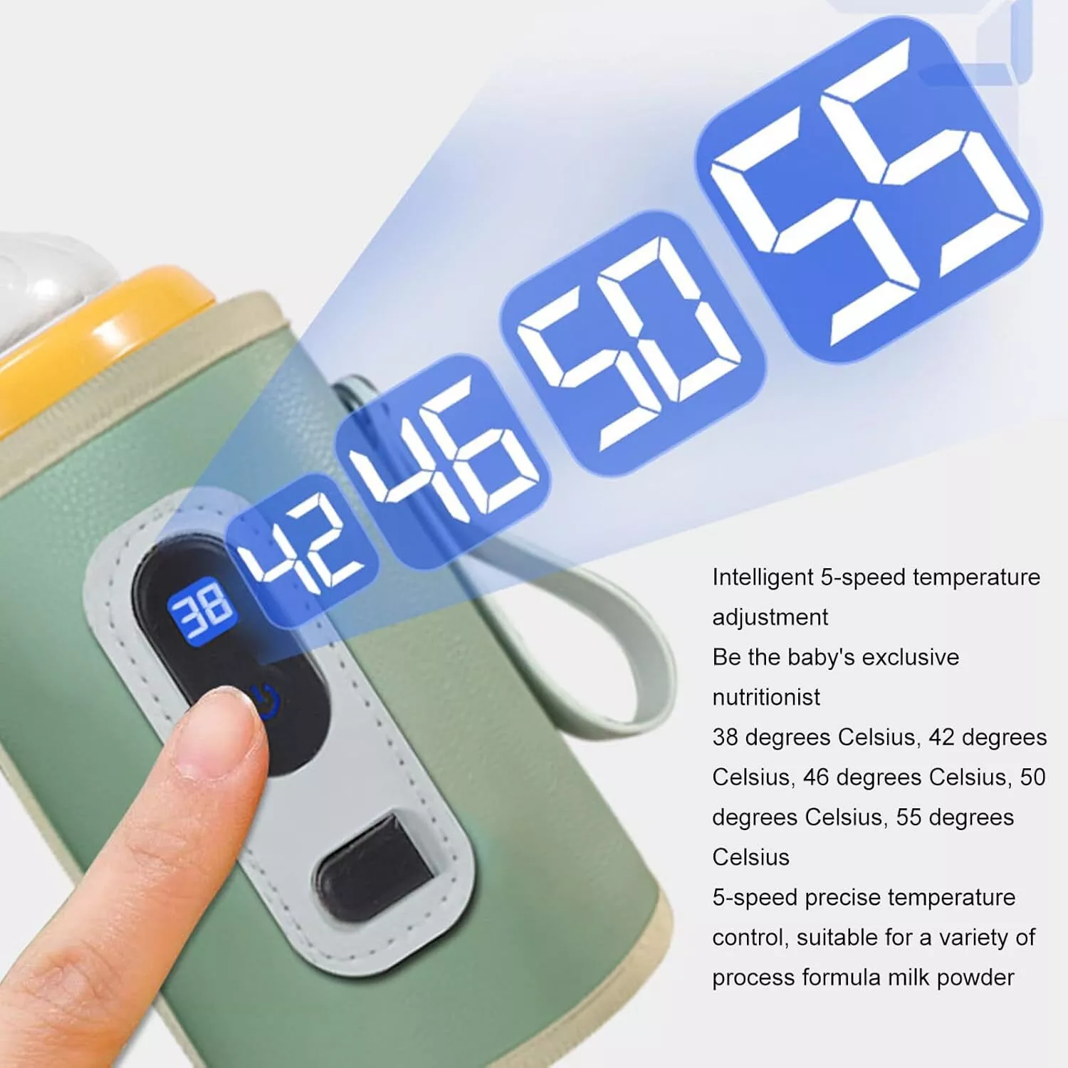 Eine Babyflasche mit digitaler Anzeige, die verschiedene Temperatureinstellungen anzeigt. Eine Hand stellt die Temperatur ein.