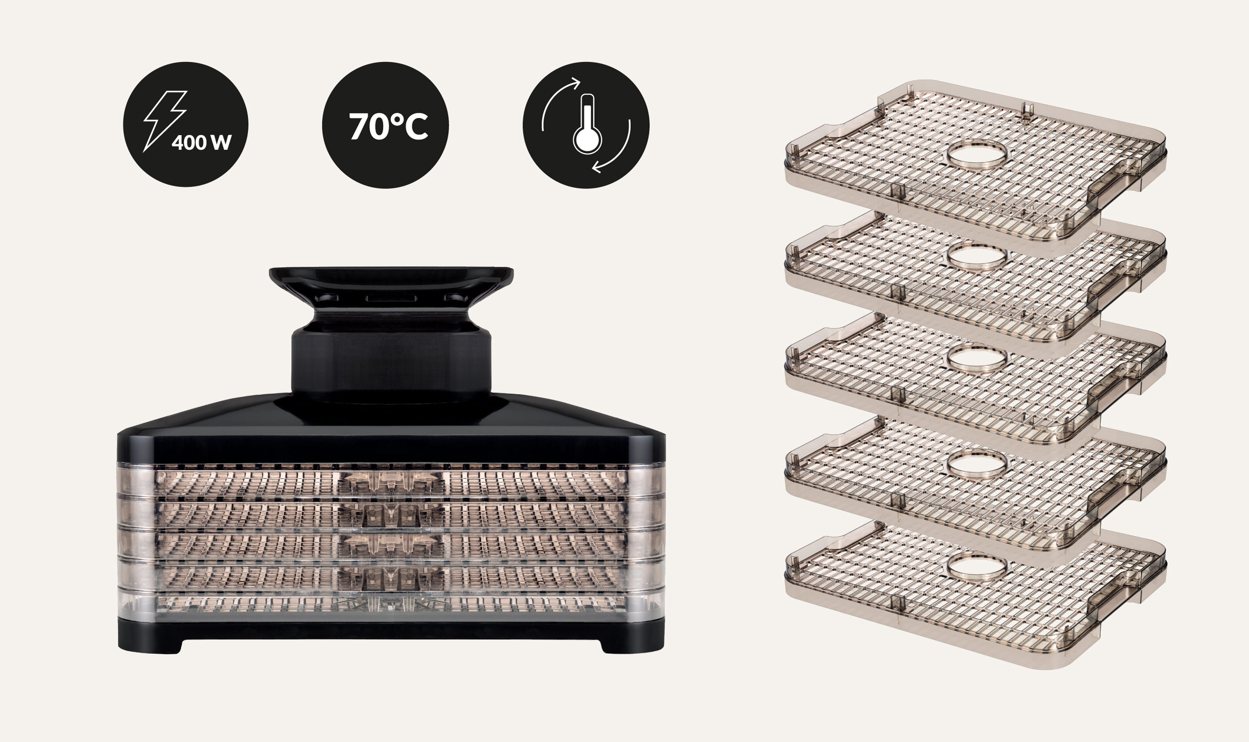 Czarny dehydrator do żywności z tacami, ikonami zasilania i temperatury obok. Tace są wypełnione jedzeniem.