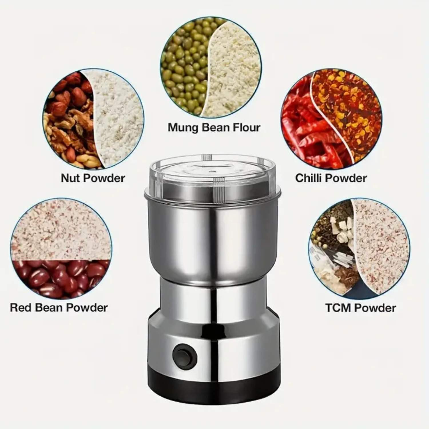 Eine silberne Kaffeemühle, umgeben von Kreisen mit verschiedenen Pulvern: Nuss, Mungobohne, Chili, TCM und rote Bohne.