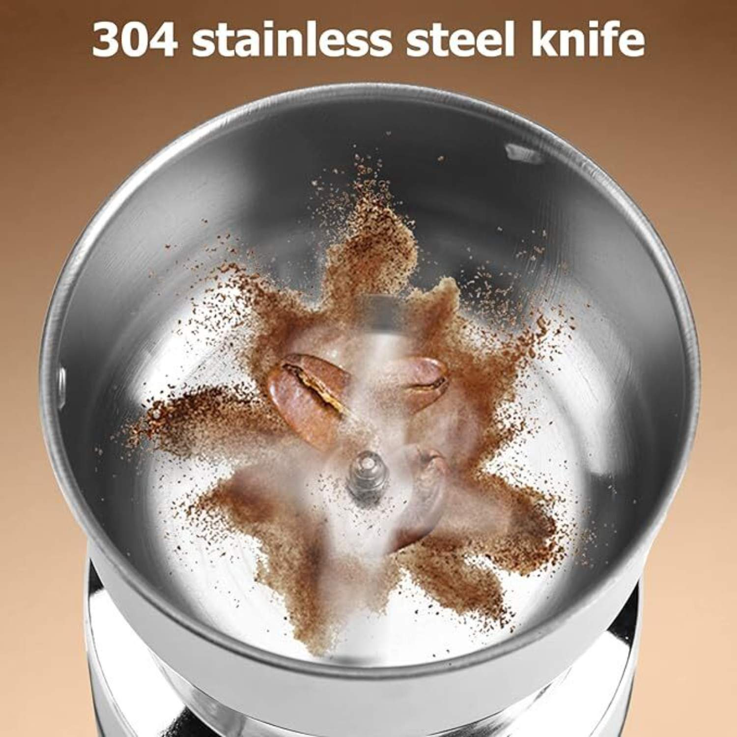 Nahaufnahme der Klinge einer Kaffeemühle mit Kaffeesatz. Der Text oben lautet '304 Edelstahlmesser'.