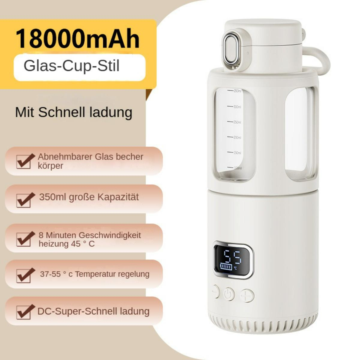 Weiße Babyflasche mit digitaler Anzeige, die Temperatureinstellungen anzeigt, mit Text, der ihre Funktionen detailliert beschreibt.