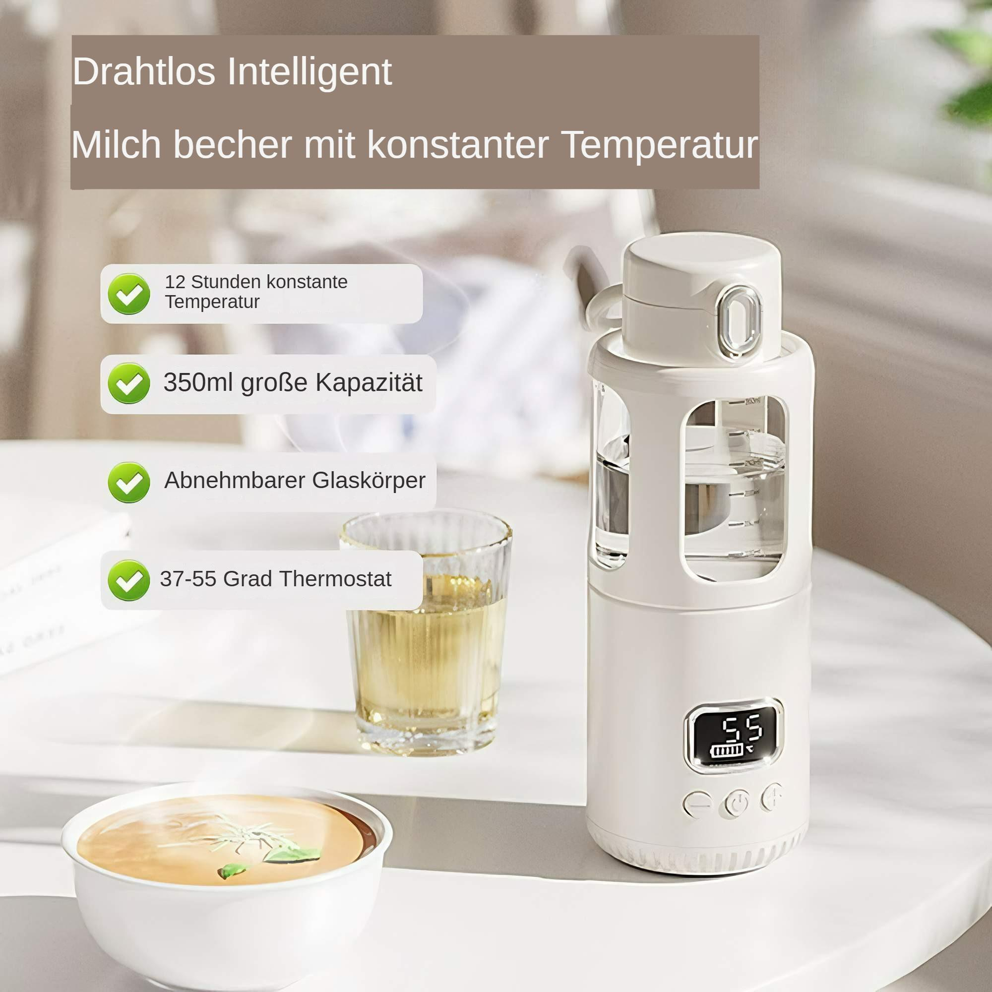 Weiße Babyflasche mit digitaler Anzeige und einer Schüssel mit Flüssigkeit. Text zeigt Temperatur und Fassungsvermögen an.