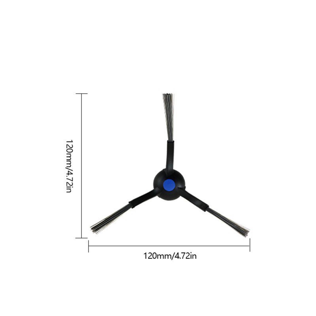 Spazzola laterale per robot aspirapolvere. Ha tre bracci con setole. Le dimensioni sono mostrate.