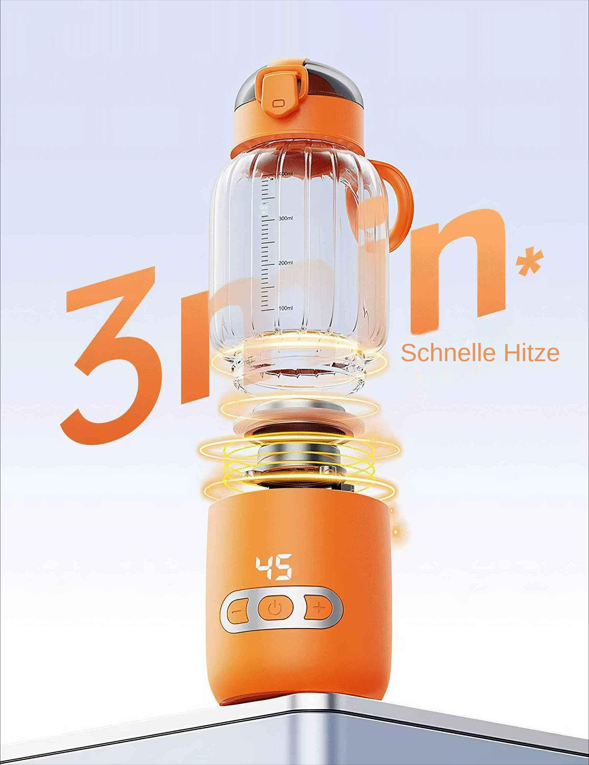 Eine orangefarbene Flasche mit Digitalanzeige. Sie strahlt Hitzewellen aus.