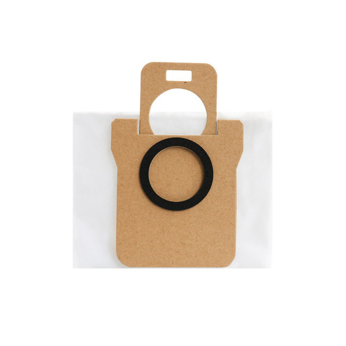 Sacco aspirapolvere. Cartone marrone con anello nero. Sfondo bianco.