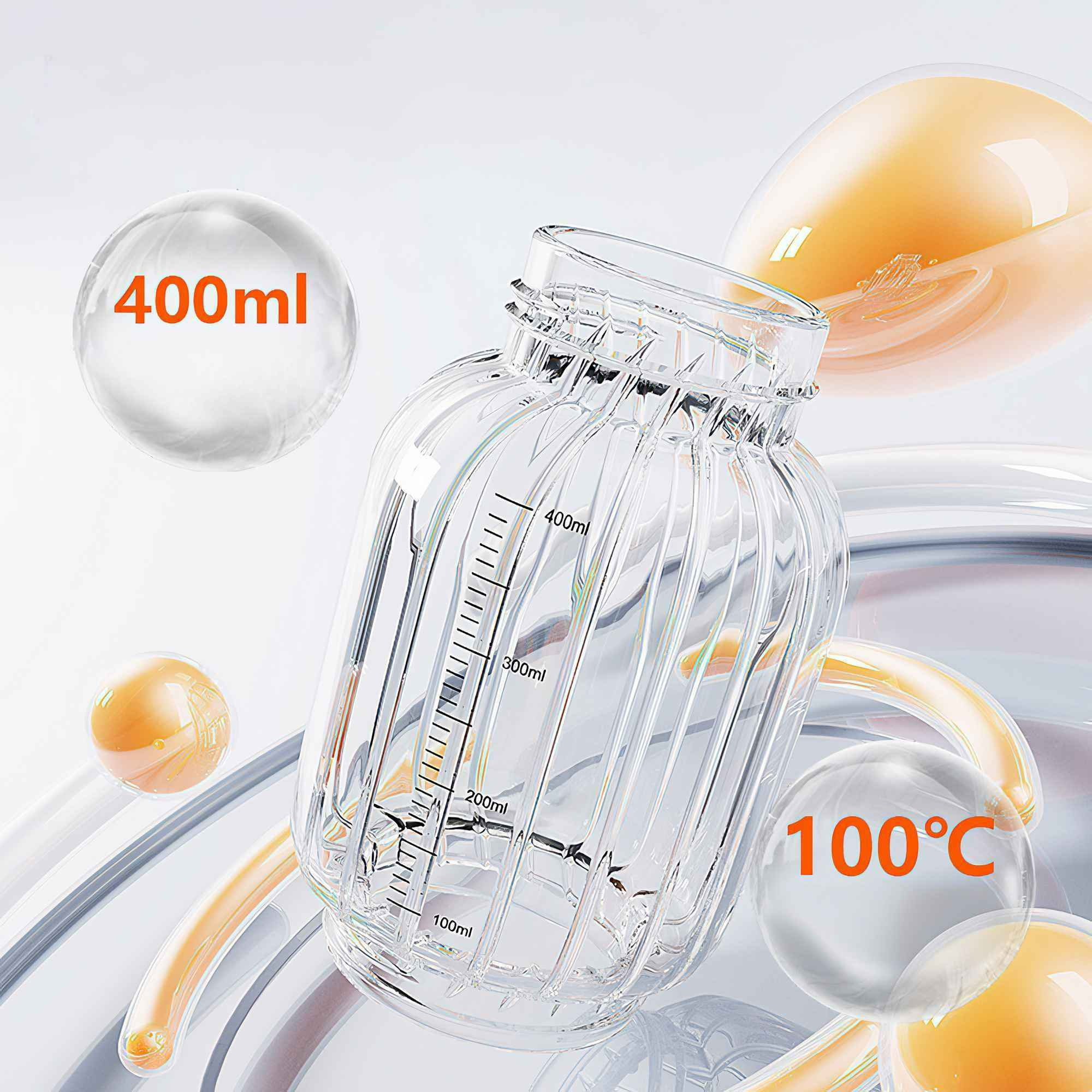 Klare Glasflasche mit Flüssigkeit und Messungen, mit orangefarbenen Kugeln und Textblasen.