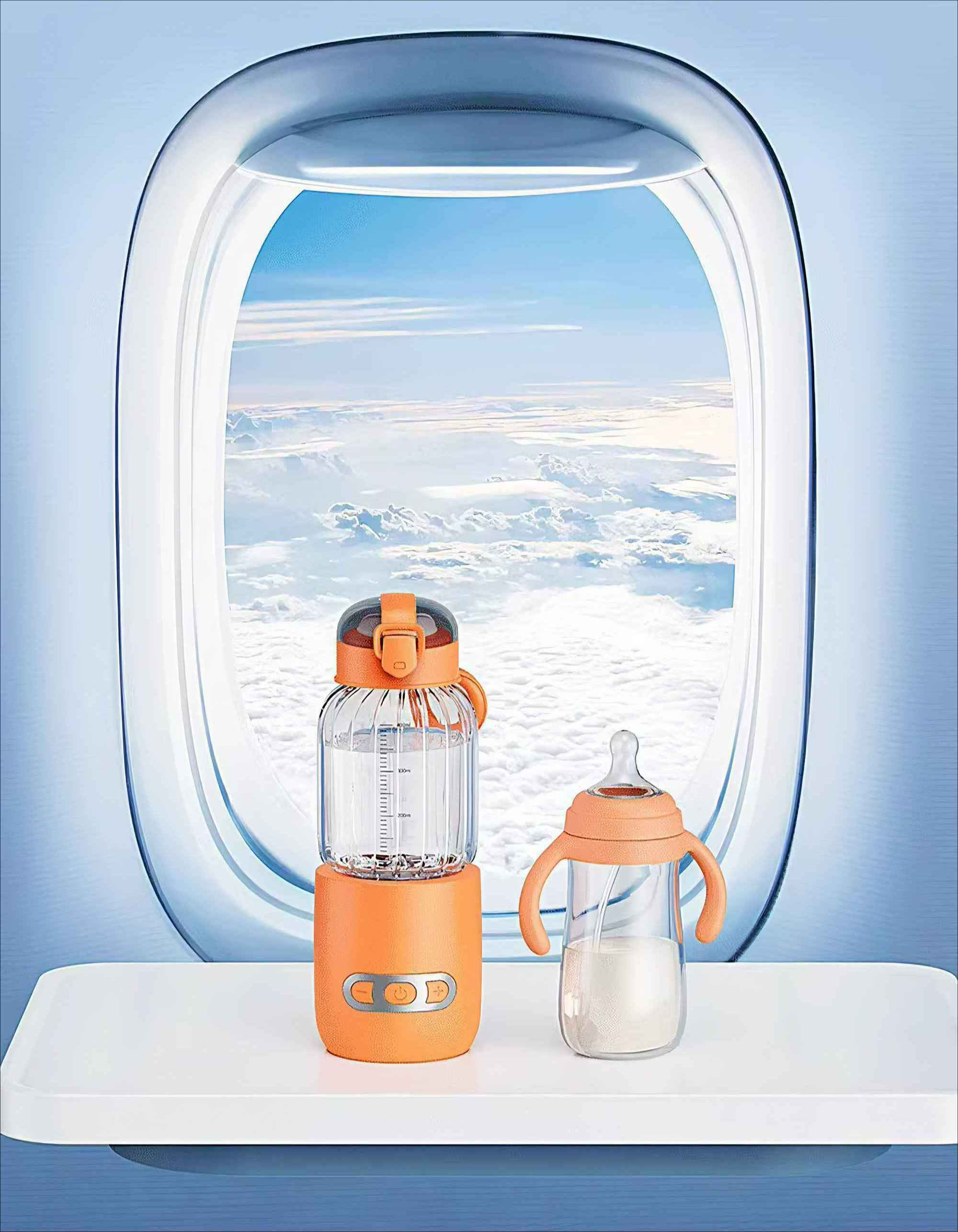 Orangefarbene Flasche und Babyflasche vor einem Fenster, Himmel im Hintergrund.
