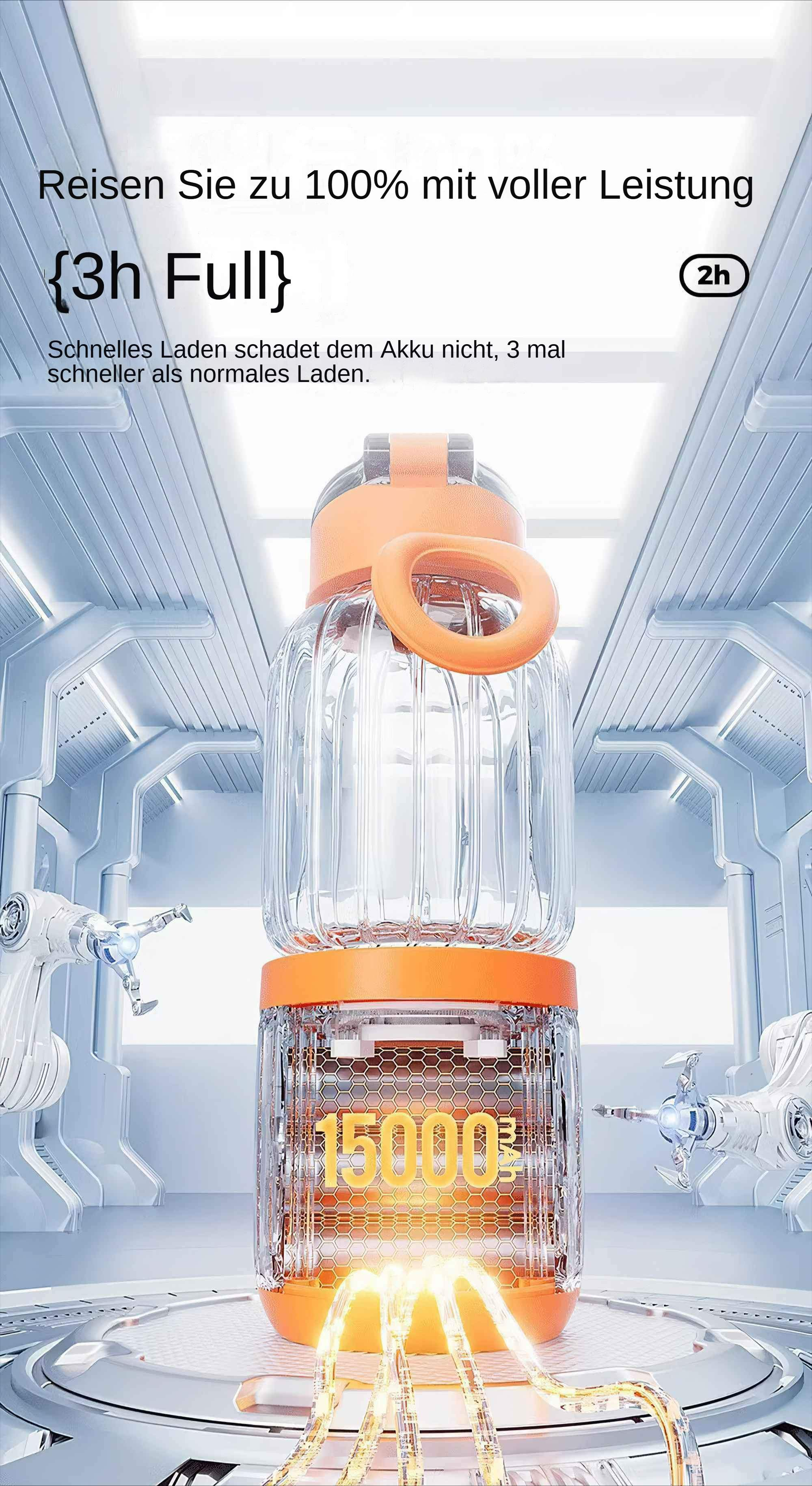 Eine transparente Flasche mit sichtbarer Zahl, mit orangefarbenem Deckel, auf einer Basis mit dem Text '15000'. Blauer und weißer Hintergrund.