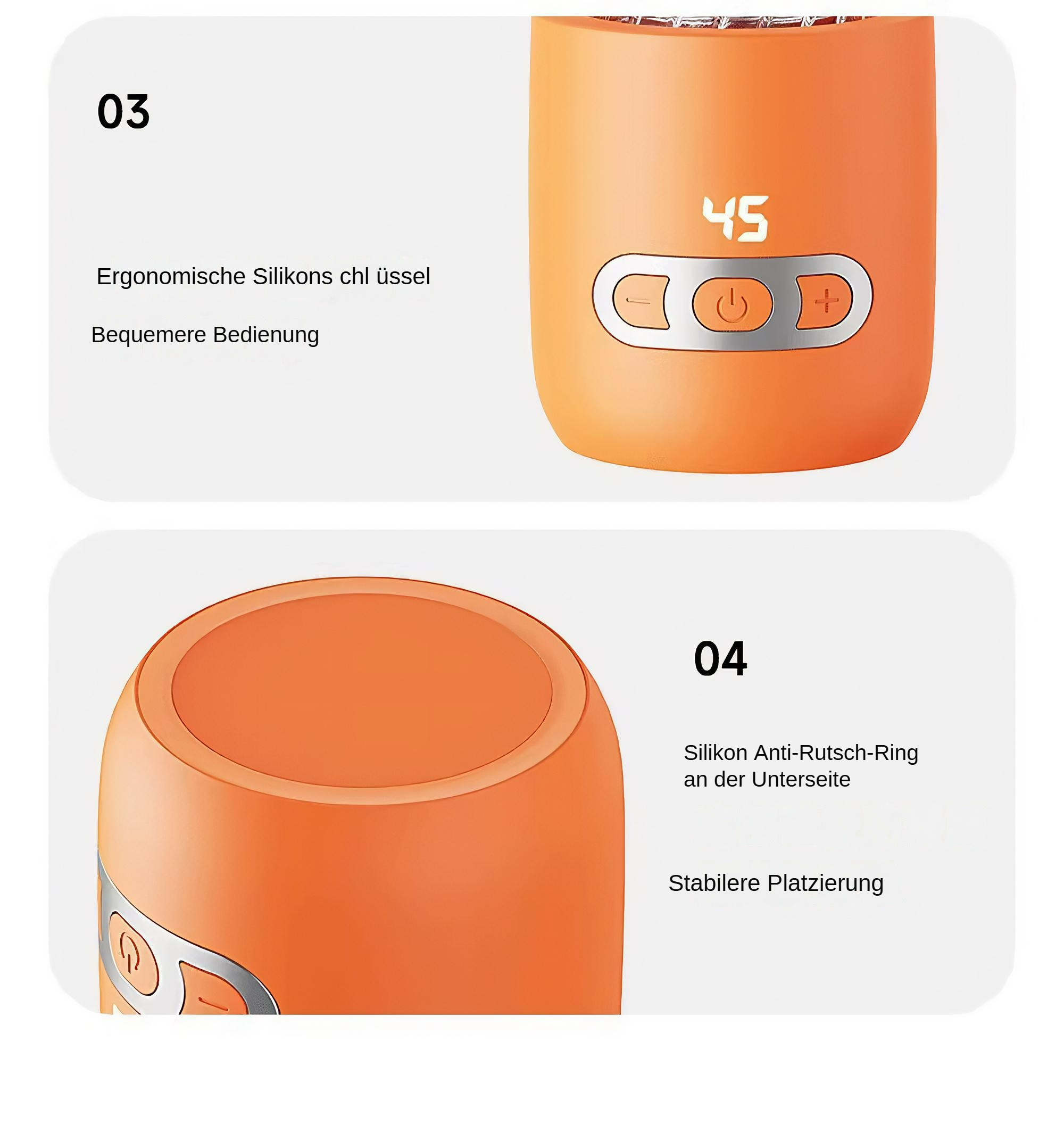 Eine orangefarbene Heizflasche mit Bedienelementen und Digitalanzeige.