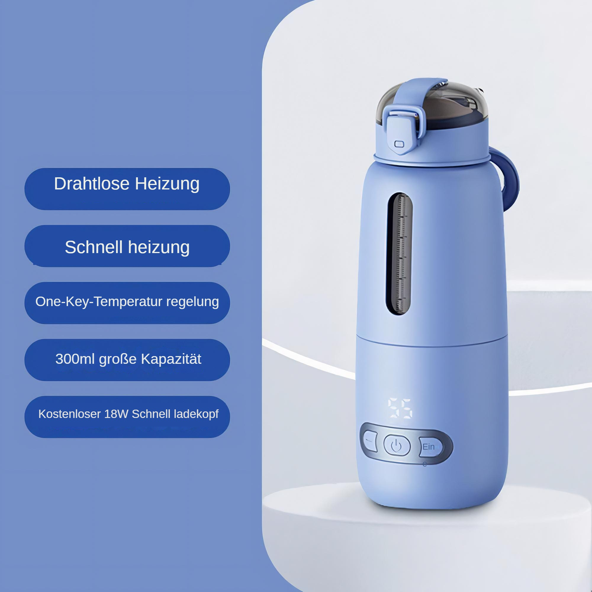 Blaue Wasserflasche mit Digitalanzeige, die 55°C anzeigt. Sie hat Knöpfe und ein klares Fenster für den Wasserstand.