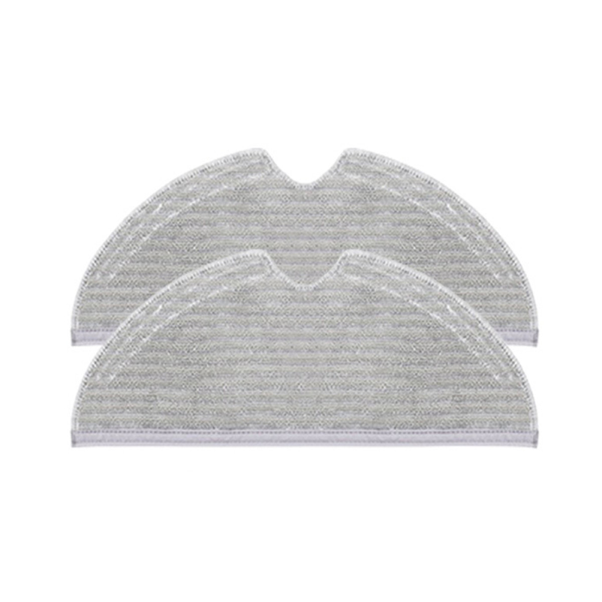 Due panni per la pulizia grigi per un aspirapolvere sono mostrati, con sfondo bianco. Sono semicircolari con una superficie strutturata.