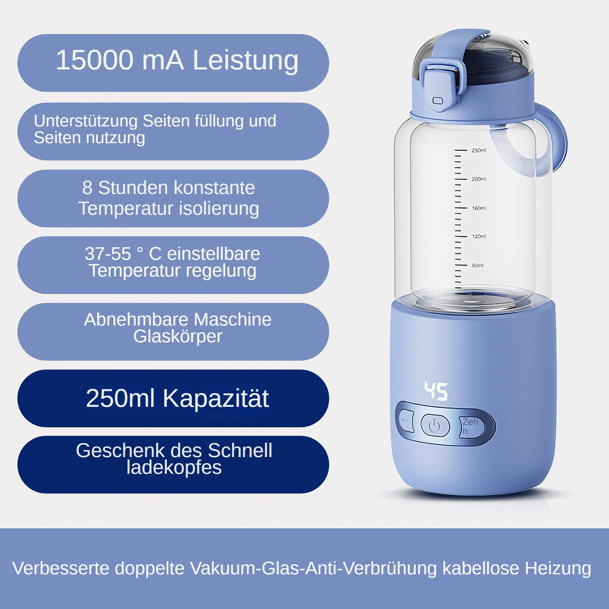 Eine blaue Wasserflasche mit Digitalanzeige und Text, mit Griff und Messskala.