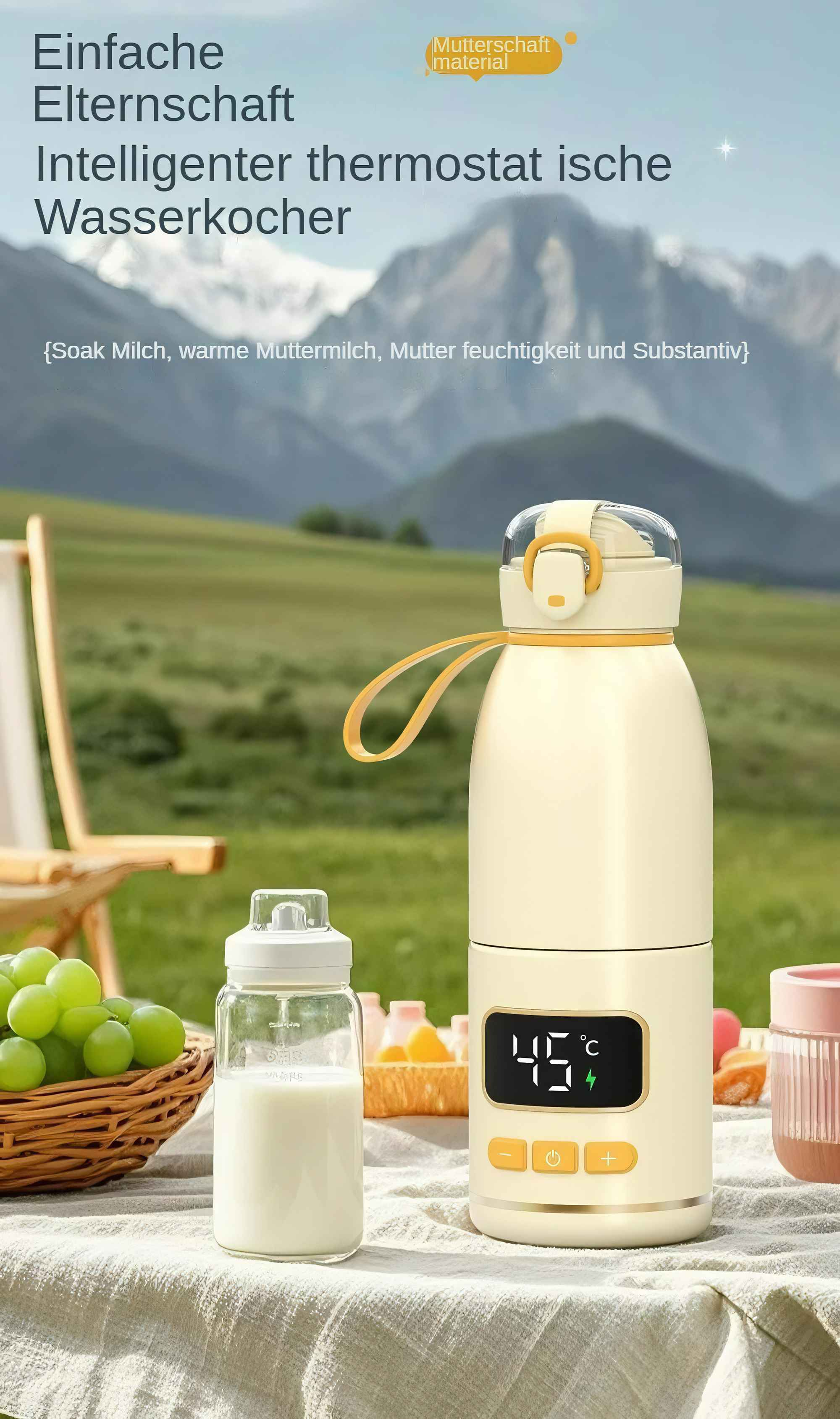 Ein Babyflaschenwärmer mit Digitalanzeige, die 45 Grad anzeigt. Daneben steht eine Glasflasche mit Milch, im Hintergrund Trauben und ein Stuhl.